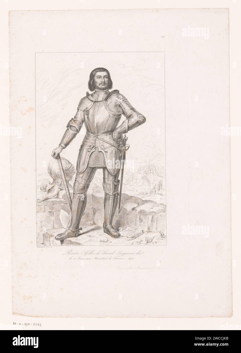 Portret Van Gilles de Rais, Nicolas Edouard Lerouge, d'après Ferran, 1838 - 1841 tirage numéroté au milieu : 1315. Gravure sur papier de Paris de personnages historiques. seigneur féodal. knight Banque D'Images