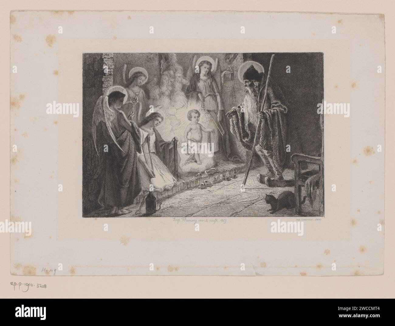 Christ, entouré d'anges, avec Saint Nicolaas, Léopold Flameng, papier Paris imprimé en 1863. Gravure St. Nicolas libère trois soldats de prison en apparaissant à l'empereur Constantin dans un rêve ; Constantin envoie les trois hommes libérés avec des cadeaux à Saint Nicholas Banque D'Images