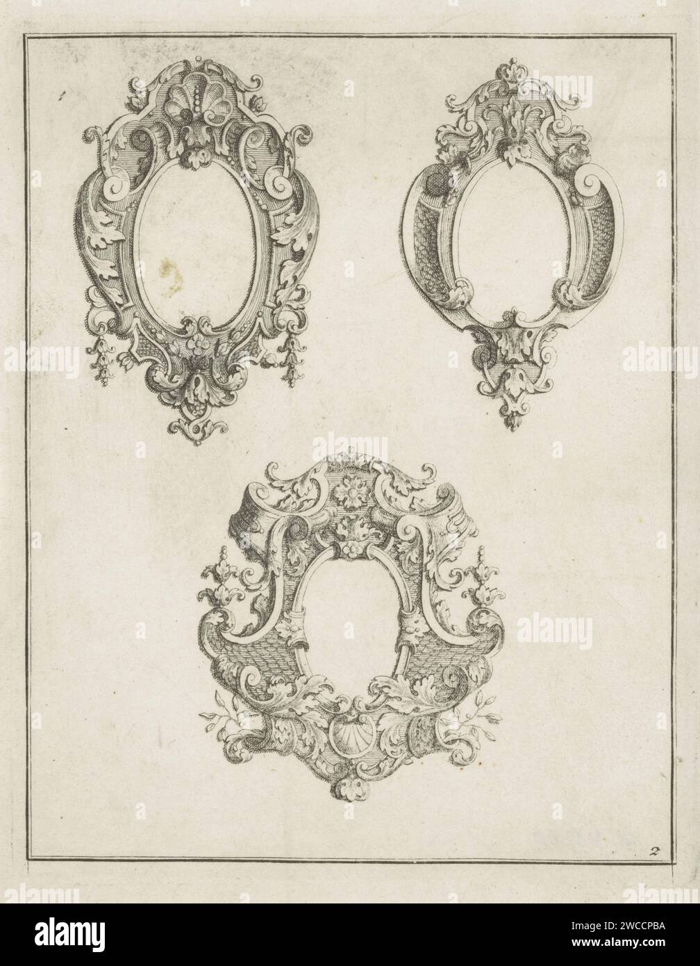 Dre ovale cartouches, anonyme, d'après Johann Leonhard Eisler, 1726 - 1734 imprimer le cadre en haut à gauche est décoré de feuilles d'acanthe et en haut d'un ornement rocaille. Le cadre en haut à droite a des feuilles d'acanthe en haut et en haut. Le cadre inférieur est décoré de divers motifs de fleurs et de feuilles. Décoration gravure papier Nuremberg  cartouche. acanthus  ornement. ornement rocaille Banque D'Images