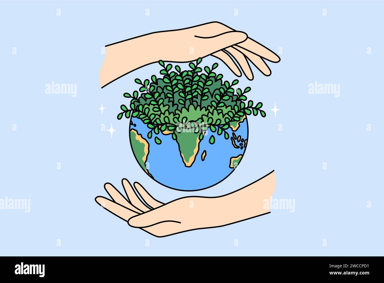 Planète terre et mains des gens, soucieux de préserver l'environnement ou l'écologie de la diversité provoquant la croissance des plantes. Concept de journée écologie pour réduire les émissions de CO2 et lutter contre le changement climatique Illustration de Vecteur