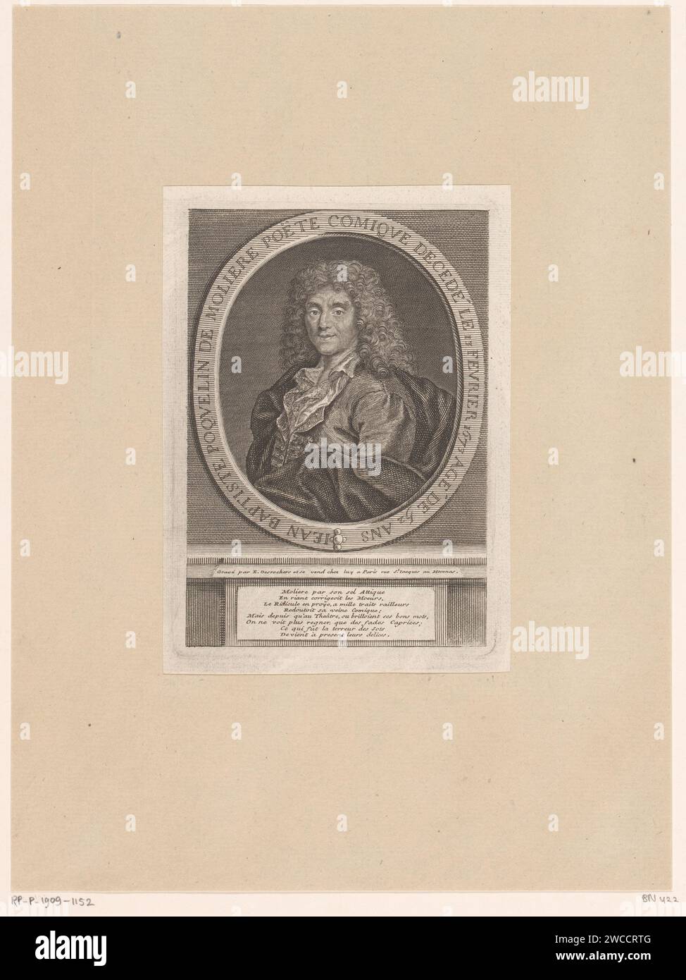 Portret van Jean Baptiste Poquelin Molière, Etienne Desrochers, c. 1726 tirage Paris gravure sur papier / gravure personnages historiques. portrait d'un écrivain Banque D'Images