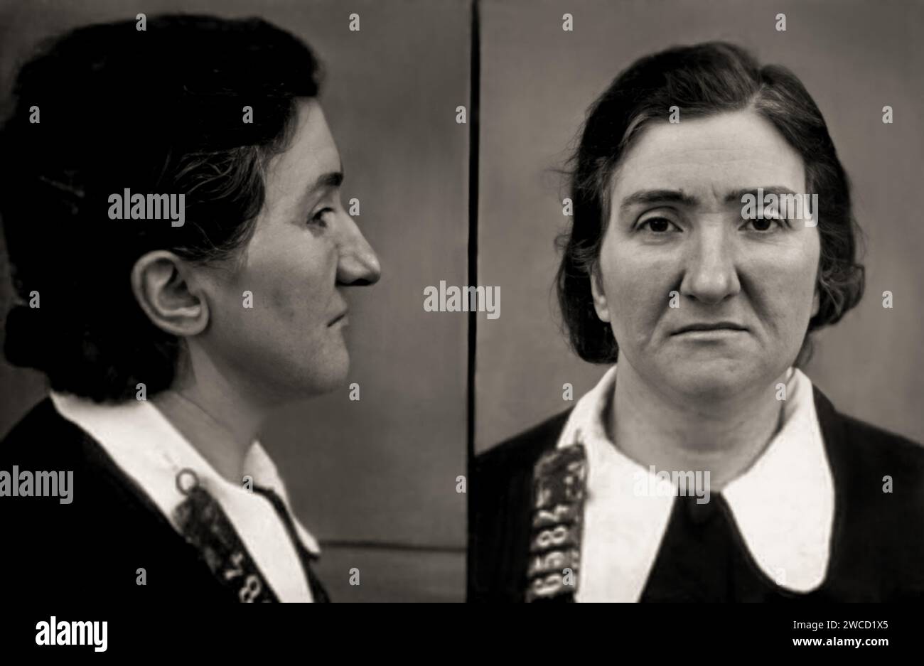 1941 , 3 mars , Reggio Emilia , ITALIE : le célèbre tueur en série italien LEONARDA CIANCIULLI Pansardi ( 1894 - 1970 ), a été arrêté dans un mug abattu par la police italienne . La saponificatrice di Correggio a été accusée d'avoir tué trois femmes, de mépris d'un cadavre et de cannibalisme. Photographe inconnu .- MUGSHOT - MUG-SHOT - TUEUR EN série - portrait - ritratto - tueur en série - assassino seriale - CRONACA NERA - criminelle - criminel - foto segnaletica della Polizia - SATANISMO - SATANISME - SATANISTA - SATANIST - STREGONERIA - SORCELLERIE - MAGIA NERA - BLA Banque D'Images