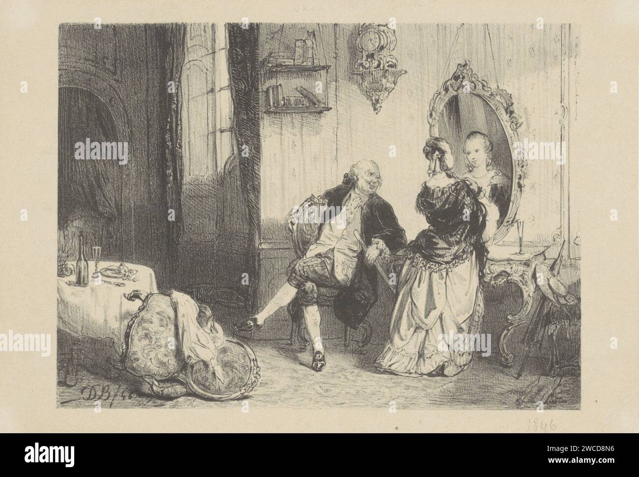 Homme et femme dans l'intérieur du XVIIIe siècle, David bles, 1846 print la femme se tient devant le miroir, l'homme est assis à côté d'elle sur une chaise. Sur la gauche se trouve une table avec une chaise tombée. miroir en papier. salle à manger. chaise Banque D'Images