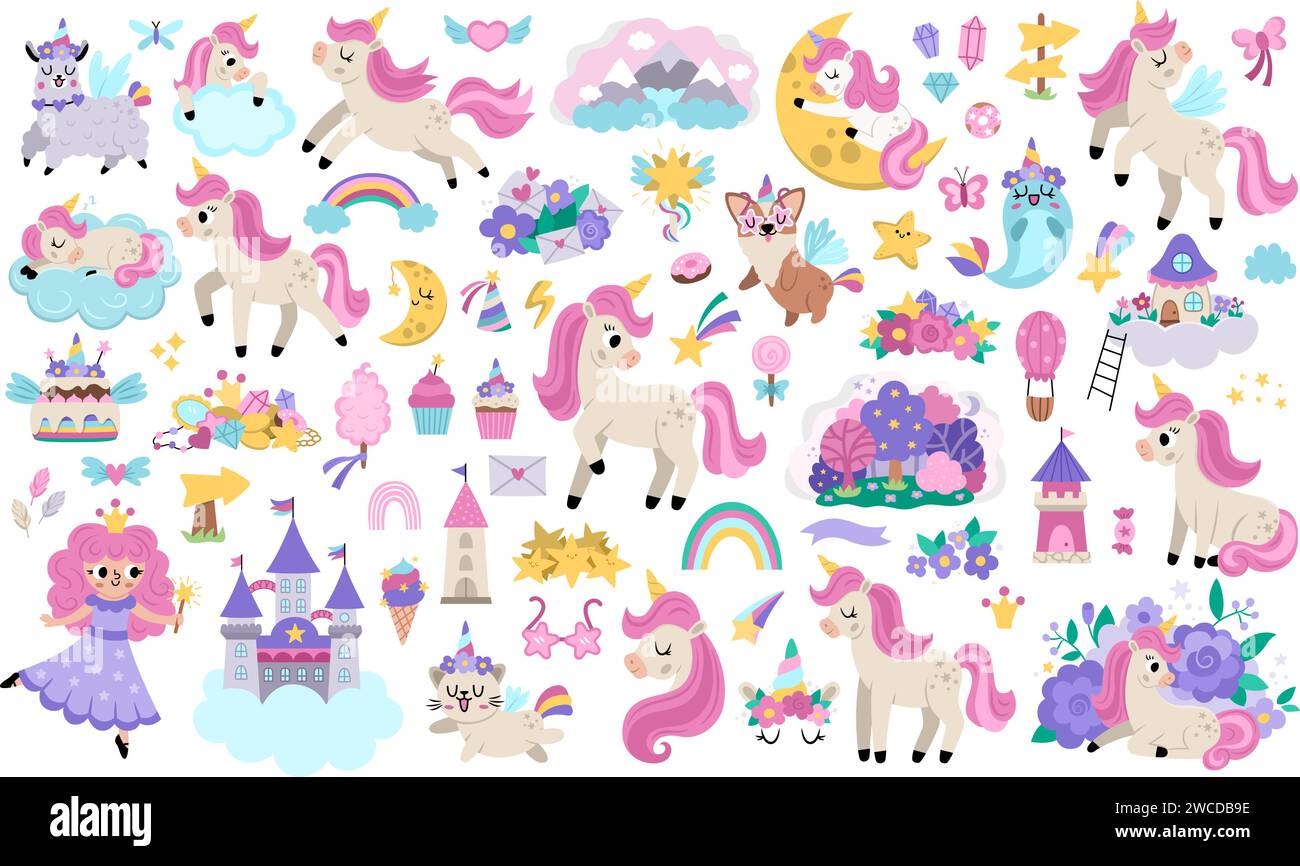 Ensemble de licornes vectorielles. Grande collection avec des personnages de conte de fées, fée, animaux avec des cornes, château sur nuage, arc-en-ciel, étoiles tombantes, cristaux, bonbons. F Illustration de Vecteur