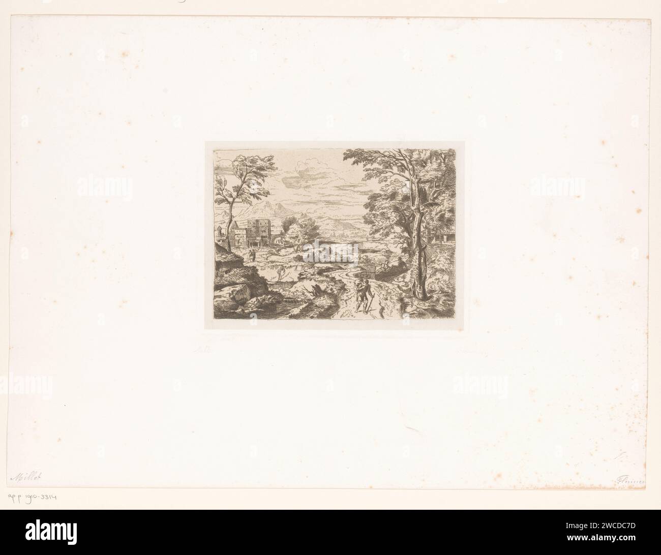 Paysage avec chemin le long d'un ruisseau, Léopold Flameng, d'après Jean François Millet, papier imprimé 1860. cours d'eau de gravure / gravure Banque D'Images