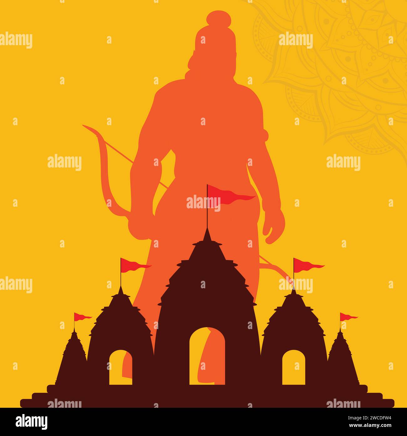 Silhouette du Seigneur Shri RAM avec Ayodhya RAM Mandir sur fond rouge Illustration de Vecteur