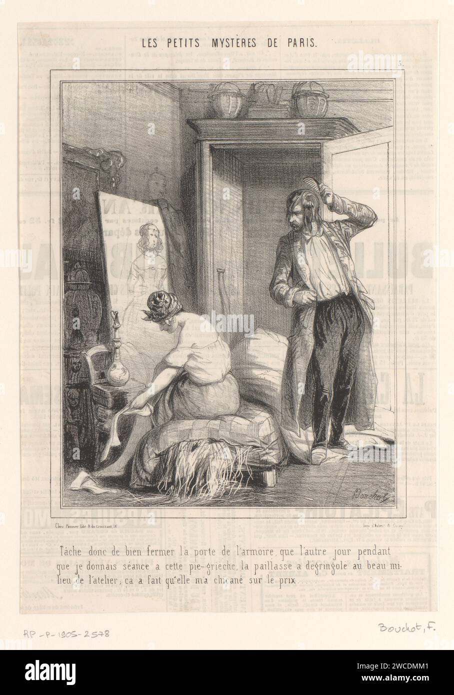 Peintre et sa femme se lèvent du lit, Frédéric Bouchot, 1843 - 1844 estampe Un peintre et sa femme viennent de se lever : il se peigne les cheveux, elle met ses bas. Le peintre regarde un portrait inachevé d'une femme debout contre le mur. Il dit à sa femme qu'elle devrait bien fermer la porte du placard. La dernière fois que la femme représentée ('Pie-Grièche', un oiseau de proie) est venue poser, le canapé a volé à travers l'atelier parce qu'elle n'était pas d'accord sur le prix du tableau. Papier de Paris. atelier papier, studio  peintre. Peintre en situation de non-travail Paris Banque D'Images