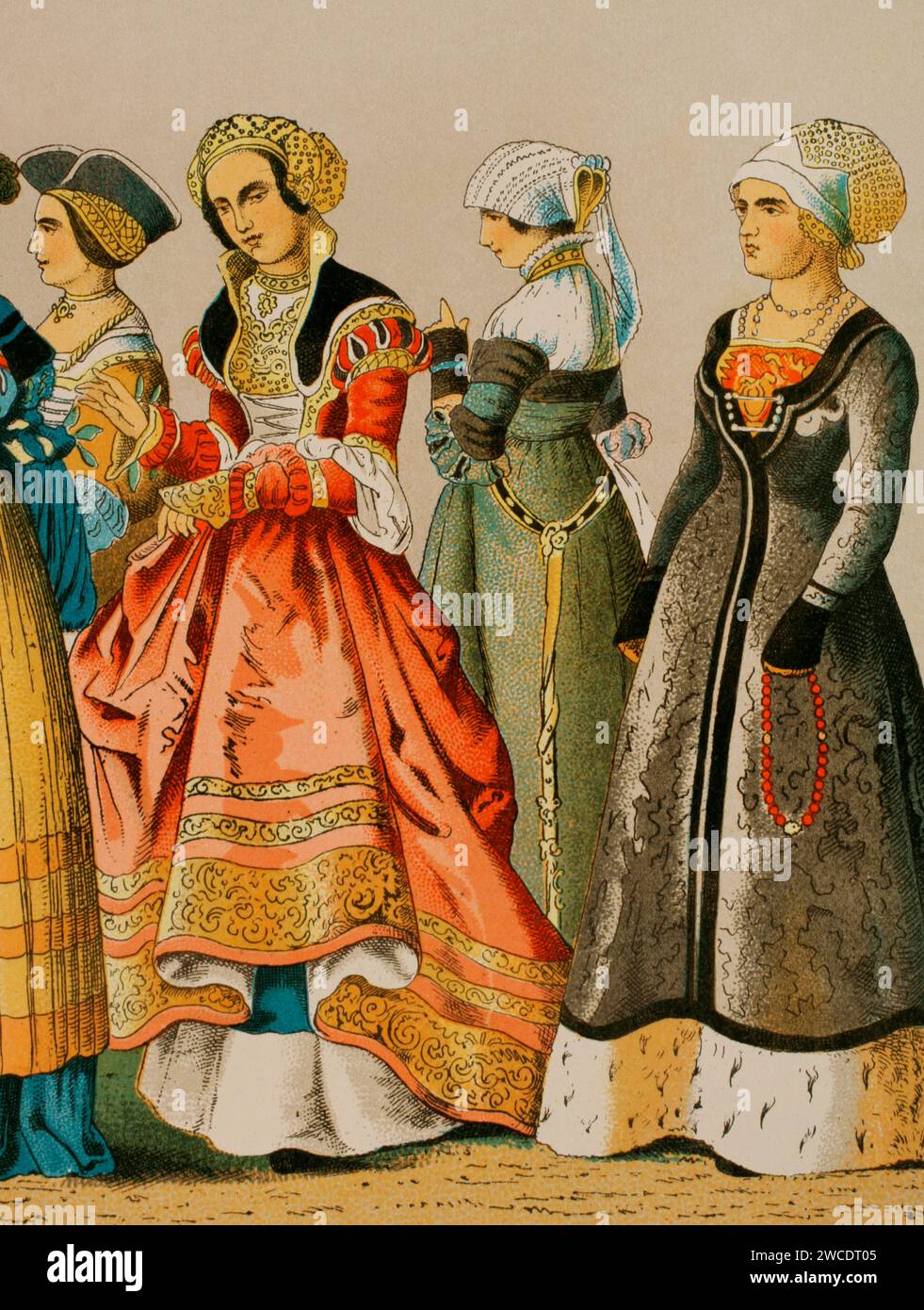 Histoire de l'Allemagne. 1500-1550. Robes de femmes de différentes classes sociales. Chromolithographie. Historia Universal', de César Cantú. Volume VII, 1881. Banque D'Images
