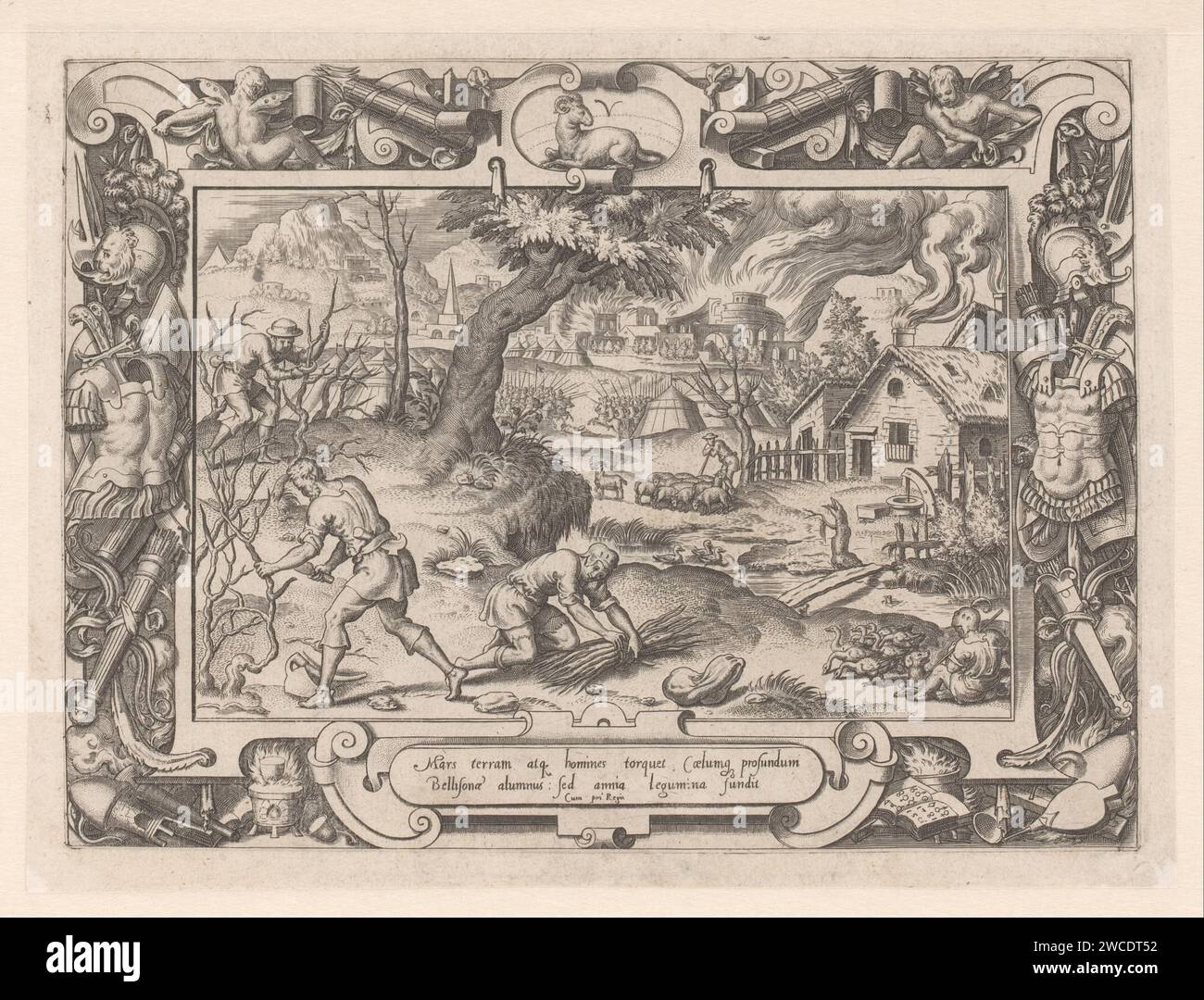 Marché, etienne Deltaunge, bions de 1566 estampes Paysage avec des figures qui taillent des bâtonnets de vin. En arrière-plan une bataille pour une ville qui se lève. La scène est encadrée par une liste ornementale de Kurassen, Arrow Drugs, Spears et Putti, et au sommet de la constellation RAM. France gravure sur papier Mars et ses 'labours' (+ avec signes zodiacaux). Bélier (signe zodique de mars). cuirass. armes d'archer : flèche Banque D'Images
