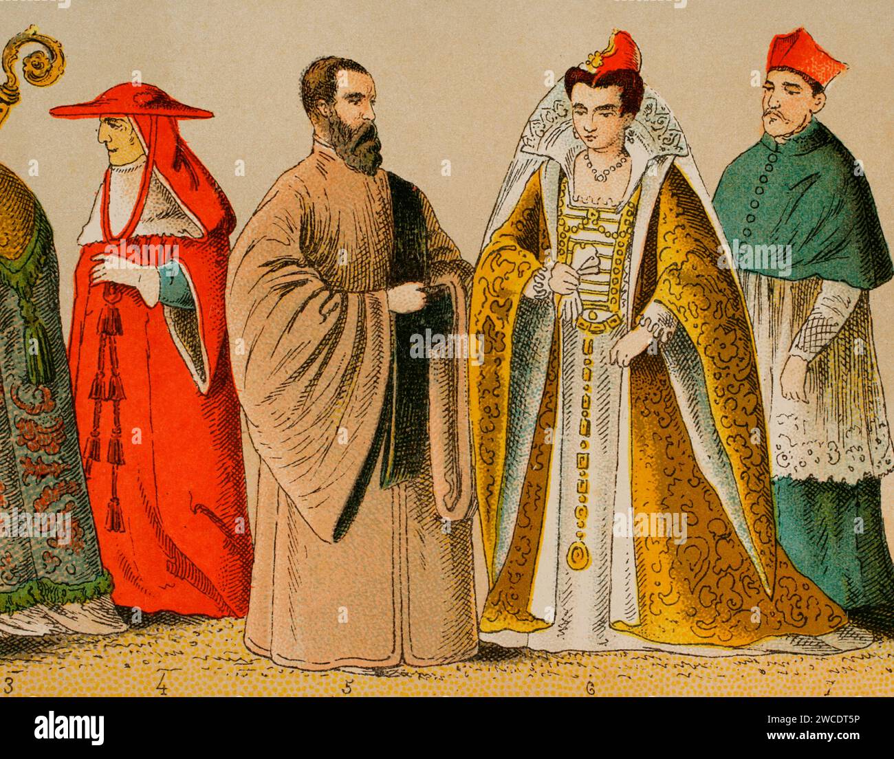 Histoire de l'Italie. 1500. De gauche à droite, 4 : cardinal, 5 : Procureur de Saint-Marc, 6 : épouse du Doge, 7 : cardinal. Chromolithographie. Historia Universal', de César Cantú. Volume VIII, 1881. Banque D'Images