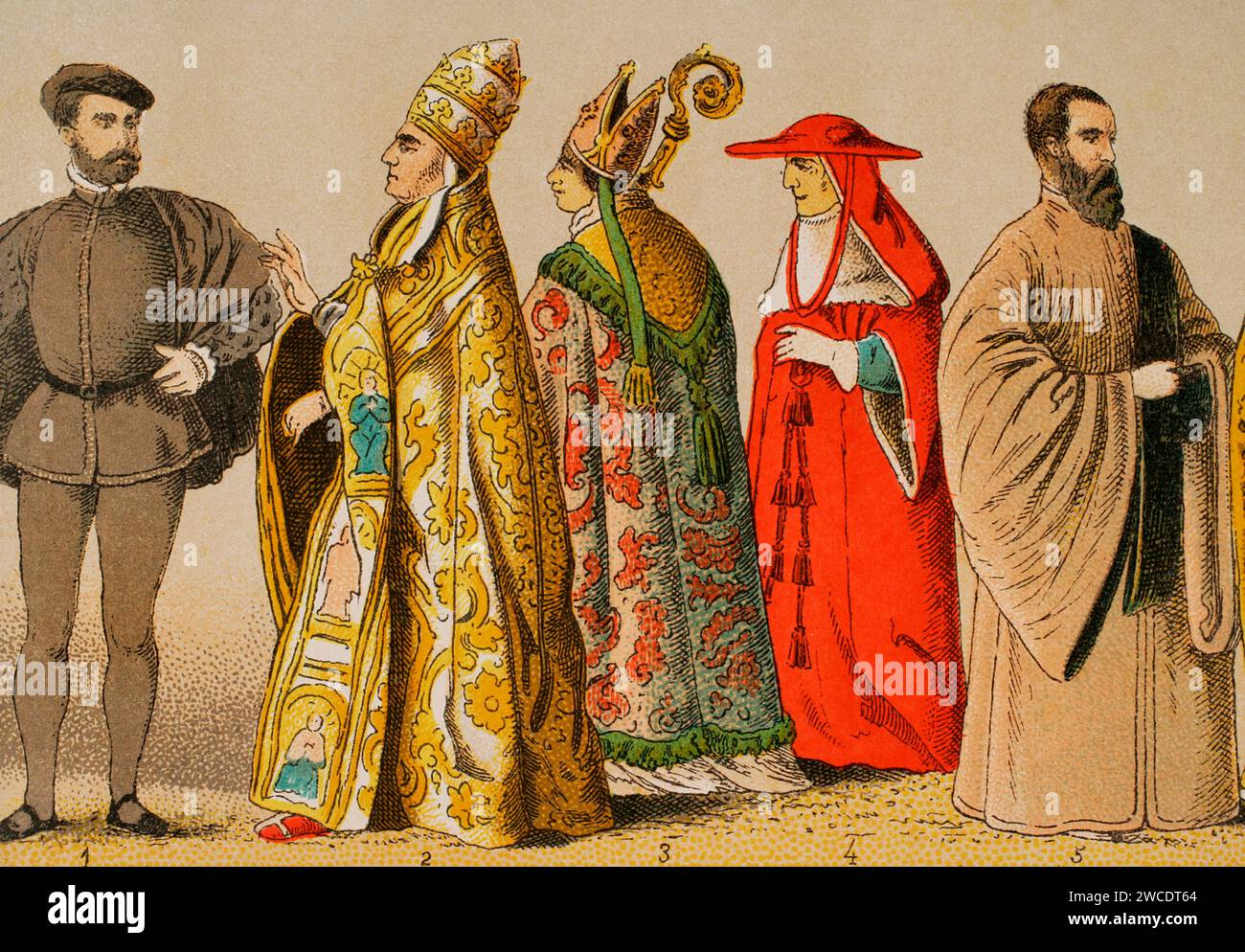 Histoire de l'Italie. 1500. De gauche à droite, 1 : chevalier vénitien, 2 : tenue pontificale, 3 : assistant au trône papal, 4 : cardinal, 5 : procureur de Saint-Marc. Chromolithographie. Historia Universal', de César Cantú. Volume VIII, 1881. Banque D'Images