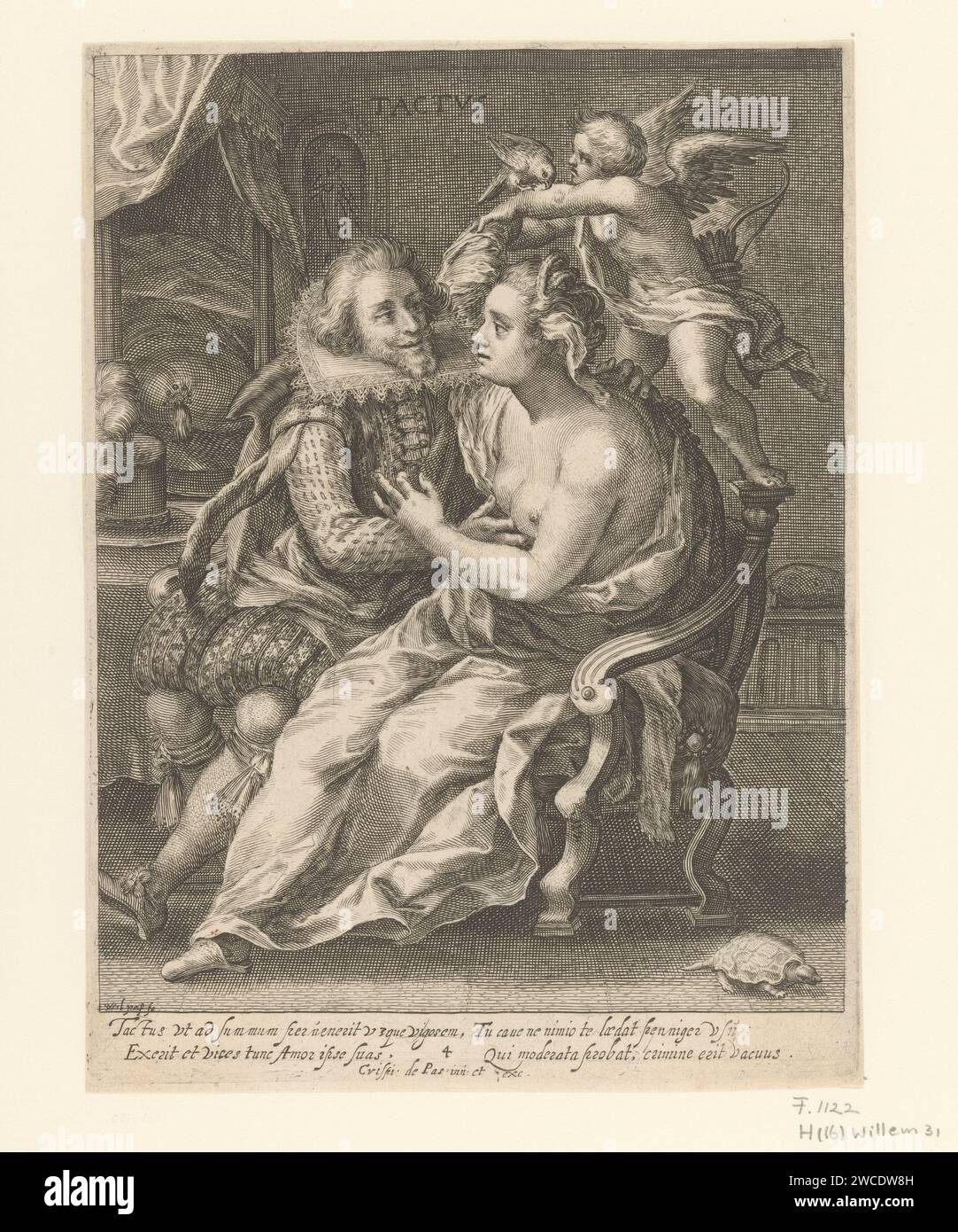 Tastzin, Willem van de passe, d'après Crispijn van de passe (I), 1607 - 1637 imprimer part avec la personnification du sens du toucher que l'homme embrasse. Dans sa chaise est Amor qui est mordu par un perroquet. Au premier plan une tortue. Dans la marge, une légende de quatre lignes, en deux colonnes, en latin. goût de gravure de papier inconnu, dégustation (un des cinq sens). Cupidon entravé, 'Amor Cruciatus' Banque D'Images