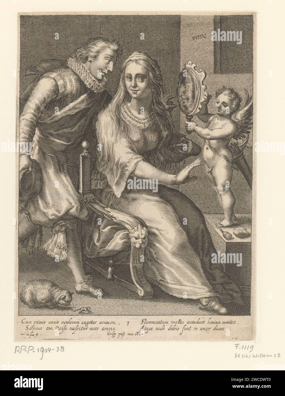 Visage, Willem van de passe, d'après Crispijn van de passe (I), 1607 - 1637 imprimer la personnification du visage. Elle est accompagnée d'un homme qui pointe le miroir qu'Amor arrête. Au premier plan un chat qui suit une souris. Dans la marge, une légende de quatre lignes, en deux colonnes, en latin. vue de gravure de papier inconnue, regardant (l'un des cinq sens). Cupidon entravé, 'Amor Cruciatus'. chat et souris Banque D'Images