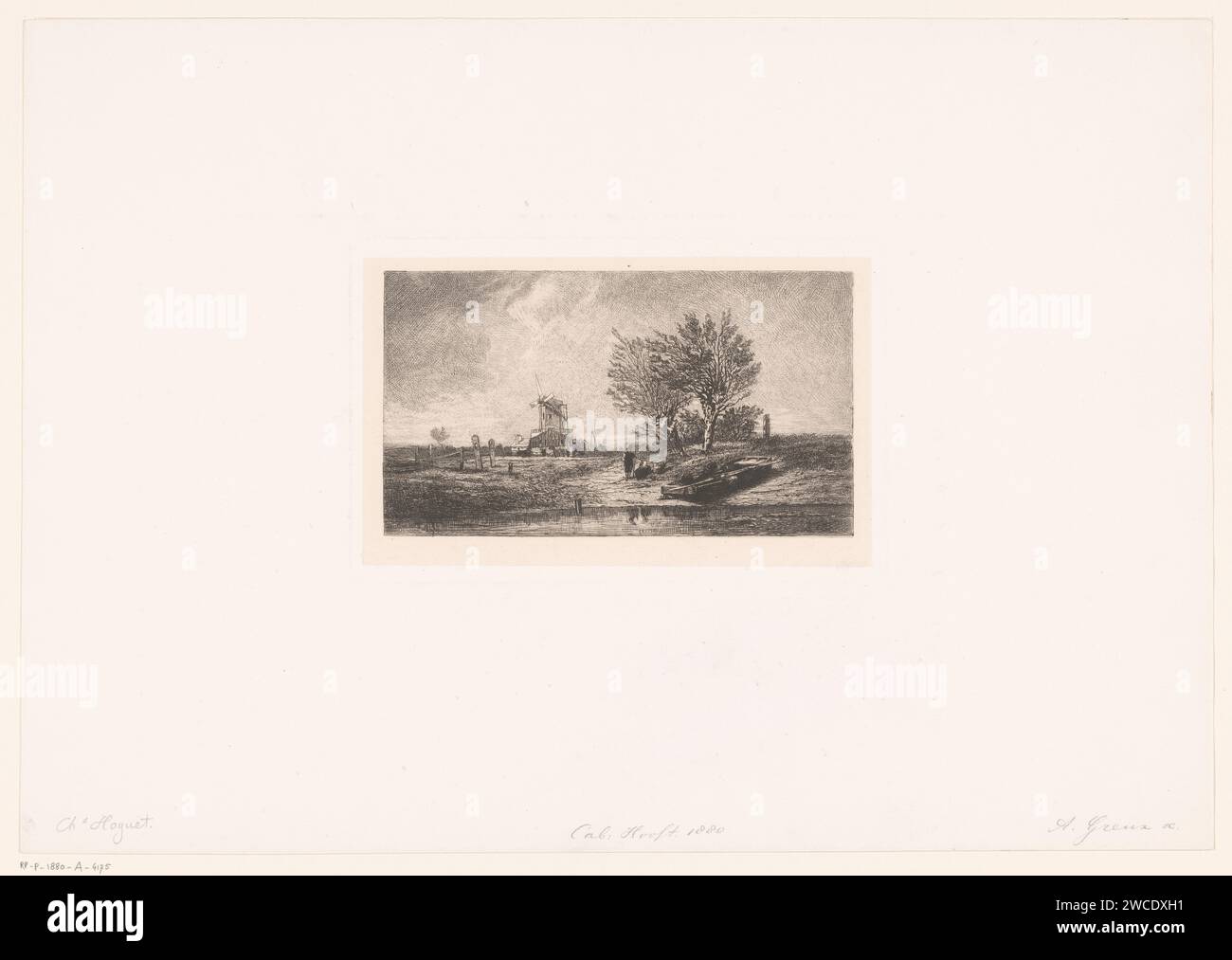 Deux figures dans un paysage fluvial avec moulin, Amédée Paul Greux, 1863 - 1880 imprimer papier gravure moulin à vent dans le paysage Banque D'Images