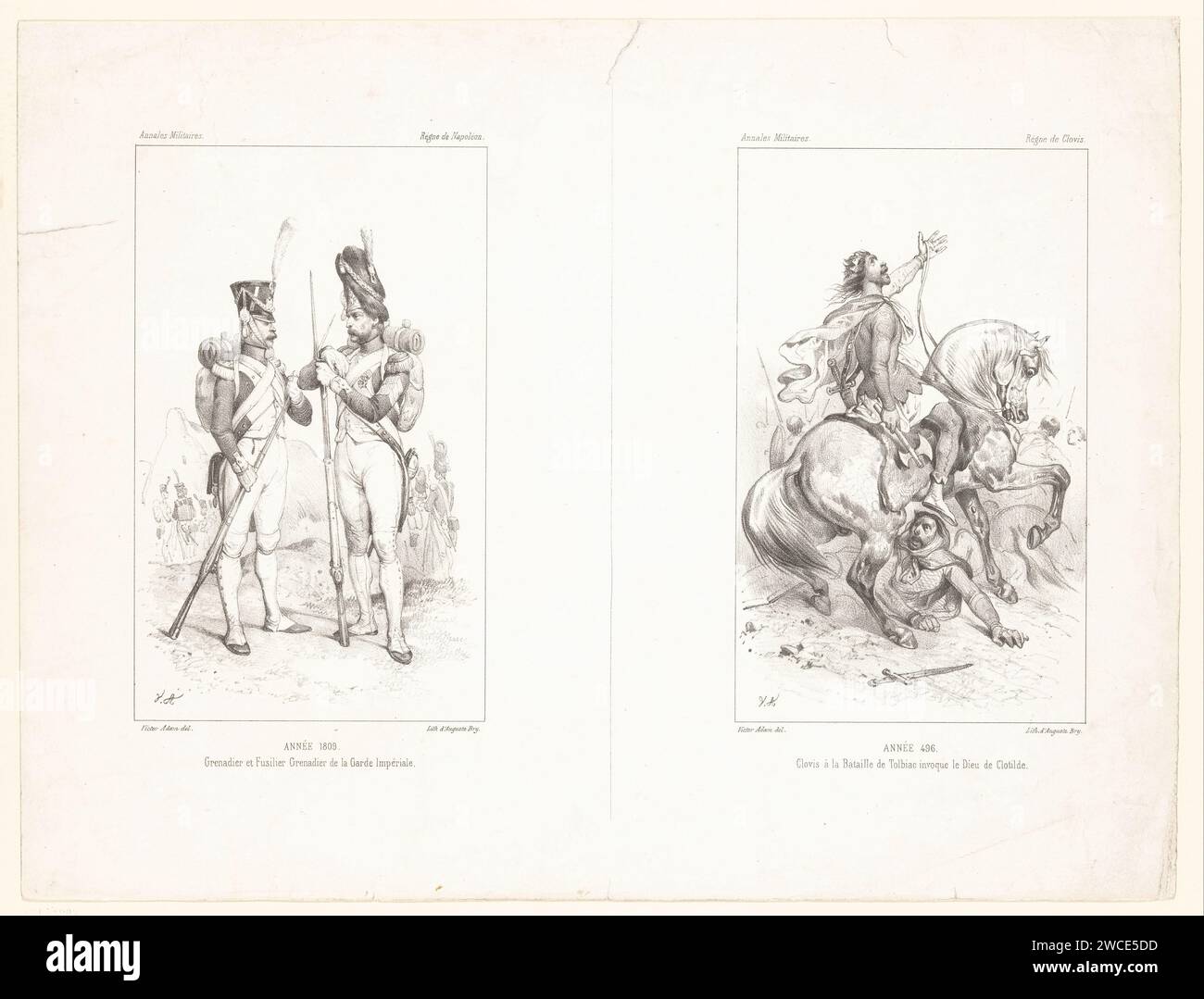 Deux représentations avec des fantassins de la Garde impériale et le roi Clovis à cheval, Victor Adam, 1830 - 1880 impriment à gauche un grenadier et un fuselier de la garde impériale. Sur la droite, le roi Clovis à cheval pendant la bataille de Tolbiac, appelant le Dieu de sa femme Clothildis. Papier de Paris le soldat ; la vie du soldat. bataille. conversion et croyance Banque D'Images