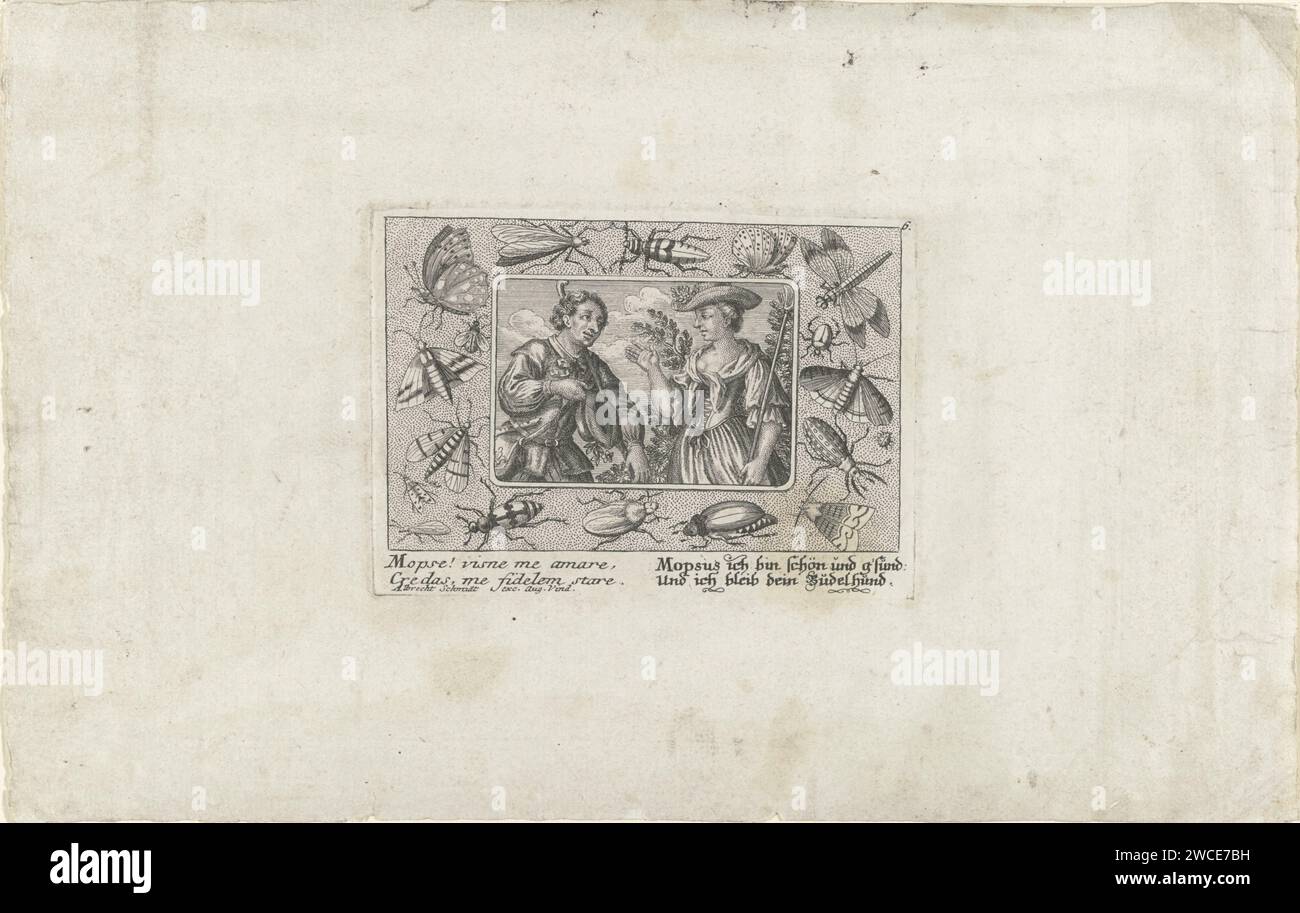 L'homme tente de courtiser une femme, Elias Baeck, c. 1690 - c. 1755 imprimer Un homme, peut-être un berger, prend son chapeau pour la femme en face de lui. Autour de la performance un bord ornemental avec des insectes. Dans la marge inférieure, une légende bidirectionnelle en latin et une légende bidirectionnelle en allemand. Cour de gravure sur papier d'Augsbourg. troupeaux, bergers, bergers, bergers, bergers, bergers, vache, etc. insectes Banque D'Images