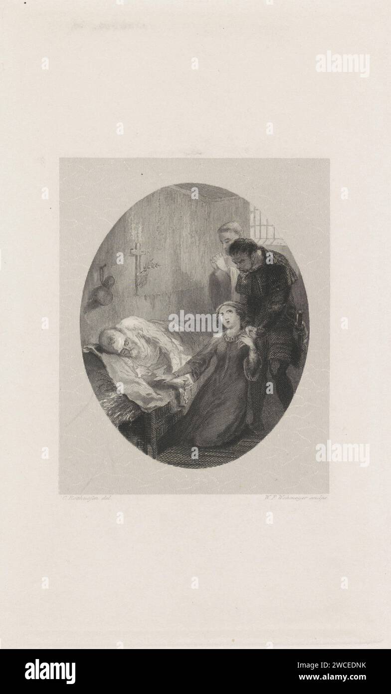 Figures sur un lit de mort, Willem Frederik Wehmeyer, d'après Charles Rochussen, 1834 - 1854 imprimer Un spirituel et un soldat sont sur le lit de mort d'un vieil homme. Une jeune femme s'agenouille au lit. Le vieil homme tient un rosaire. Une croix avec une branche de palmier et un bac d'eau bénite est accrochée au mur. Amsterdam (peut-être) gravure de papier / gravure mort. adolescente, jeune femme, jeune fille. soldat. Clercs réguliers, par exemple jésuites, rédemptoristes. aides à la prière, par exemple rosaire Banque D'Images
