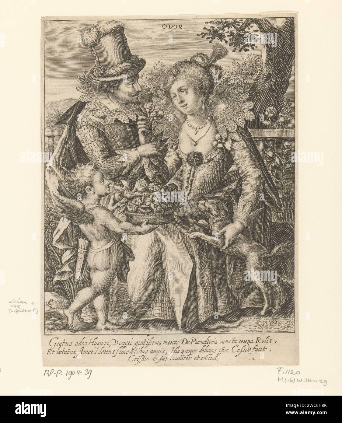 Odeur, Willem van de passe, d'après Crispijn van de passe (I), 1607 - 1637 imprimer la personnification de l'odeur. Un chien saute contre elle. Amor lui offre un panier avec des roses. Elle est accompagnée d'un homme. Dans la marge, une légende bidirectionnelle en latin. odeur inconnue de gravure sur papier, odeur (un des cinq sens). Cupidon entravé, 'Amor Cruciatus' Banque D'Images