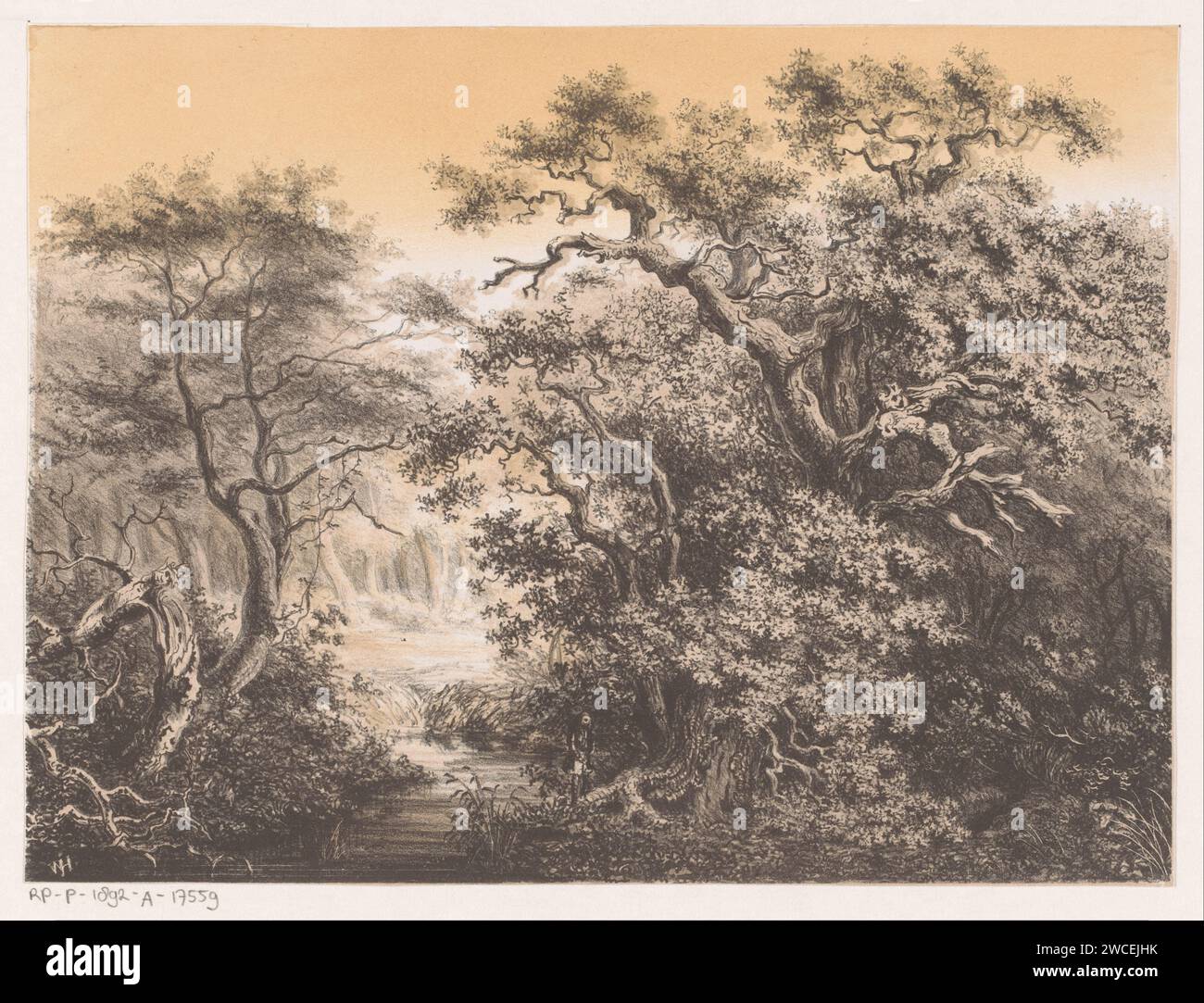 Paysage avec exil, Willem Jacob Hofdijk, 1849 - 1859 imprimer la figure est dans un paysage boisé près d'une rivière. Bannissement du papier néerlandais, exil. forêt, bois Banque D'Images