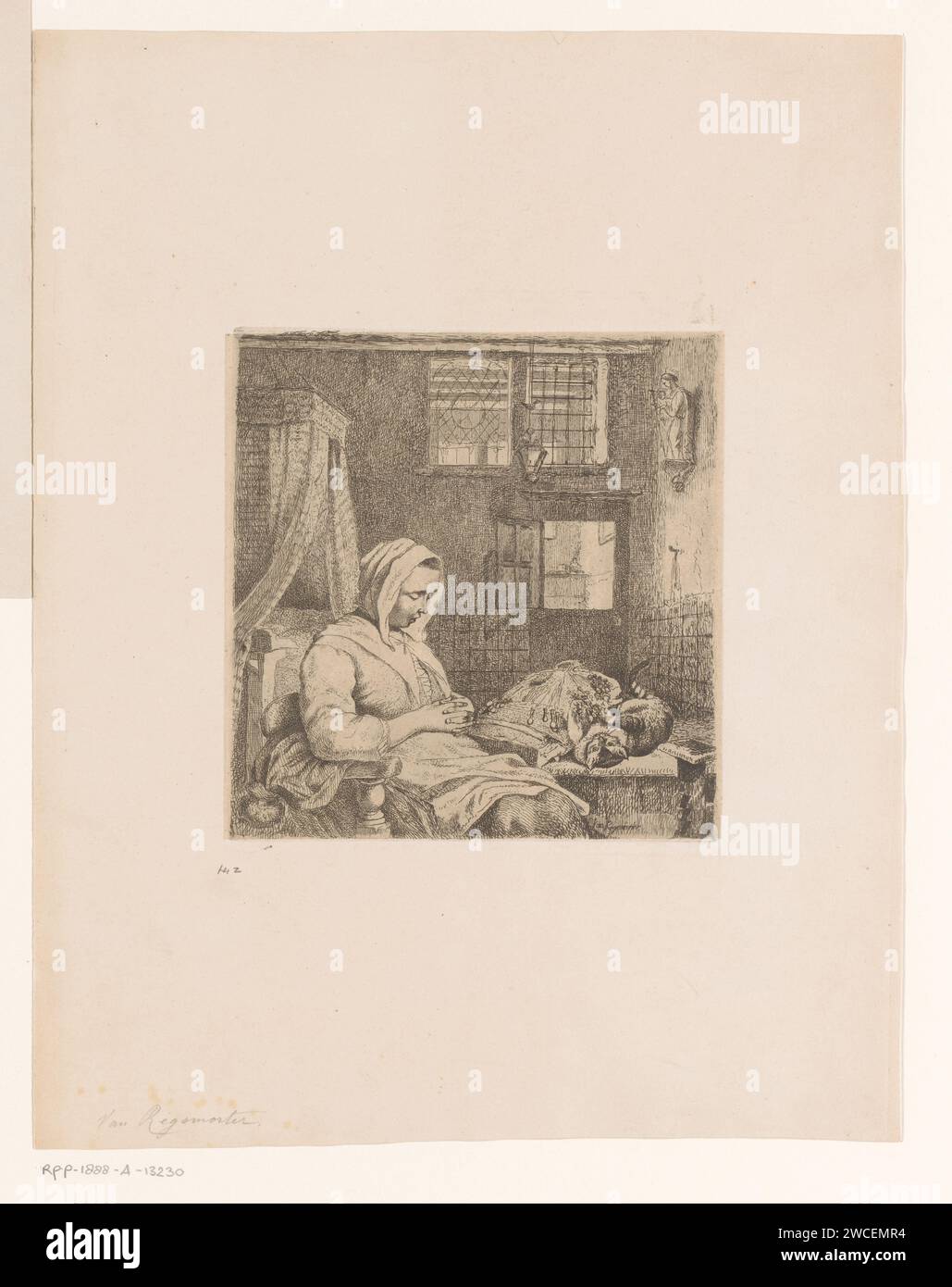 Travailleur de dentelle de sommeil dans un intérieur avec le chat sur la table, Ignatius Josephus van Regemorter, 1795 - 1873 papier imprimé. gravure du sommeil ; inconscience. cat. intérieur de la maison Banque D'Images