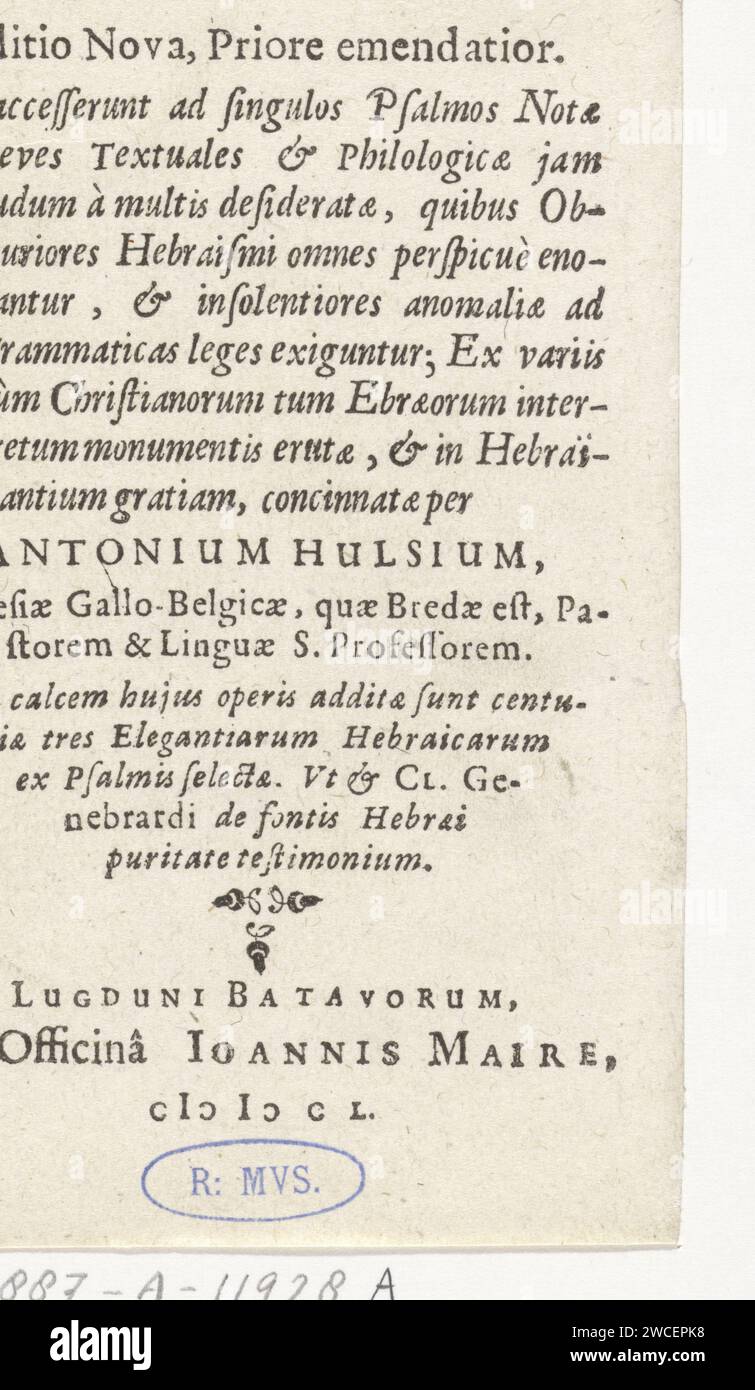 Psalterium David Anonyme, 1650 exemplaires. Feuille de texte feuille de texte avec des motifs floraux. Page de titre de l'impression typographique papier Leiden. entrelacement floral  ornement Banque D'Images