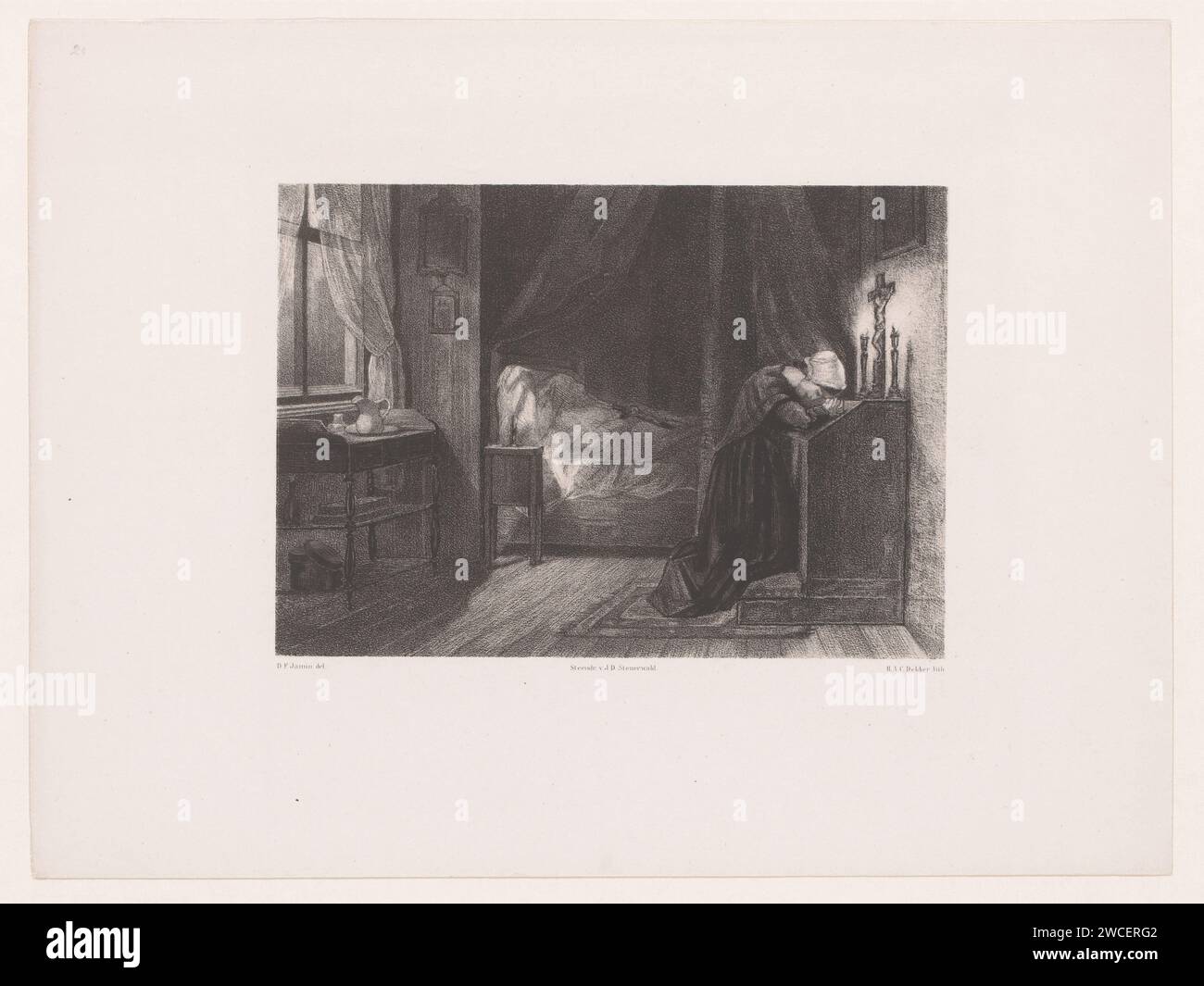 Femme priant avec le défunt, Hendrik Adriaan Christiaan Dekker, d'après Diederik Franciscus Jamin, 1846 - 1863 imprimer le défunt est au lit, couvert d'un drap. Il y a un crucifix dessus. A droite, une femme est agenouillée et prie sur un Christ sur la croix. A gauche sous la fenêtre se trouve un évier. Imprimeur : Amsterdamafter peinture par : Netherlandsprinter : The Hague Paper Deathbed. le cadavre. une personne priant Banque D'Images