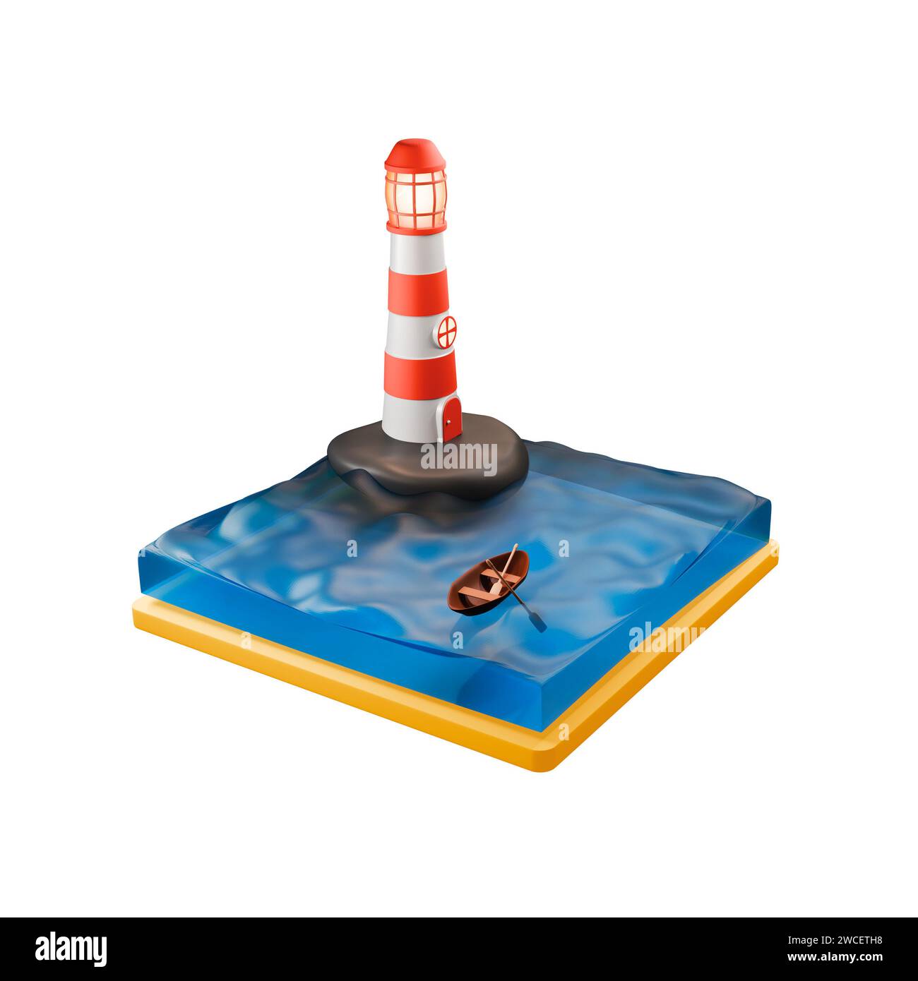 Scène miniature d'un phare sur un rocher dans la mer et d'un bateau en bois vide, isolez sur un fond blanc, rendu 3D. Banque D'Images