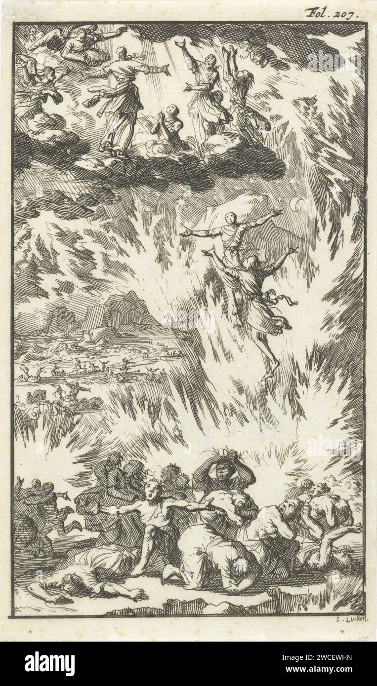 Earth Burning, Jan Luyken, 1694 print Imprimer en haut à droite marqué : fol. 207. Imprimeur : Amsterdampublisher : Rotterdam paper graving the Flood and destruction of Mankind  Story of Noé (Genèse 7:10 - 8:17) Banque D'Images