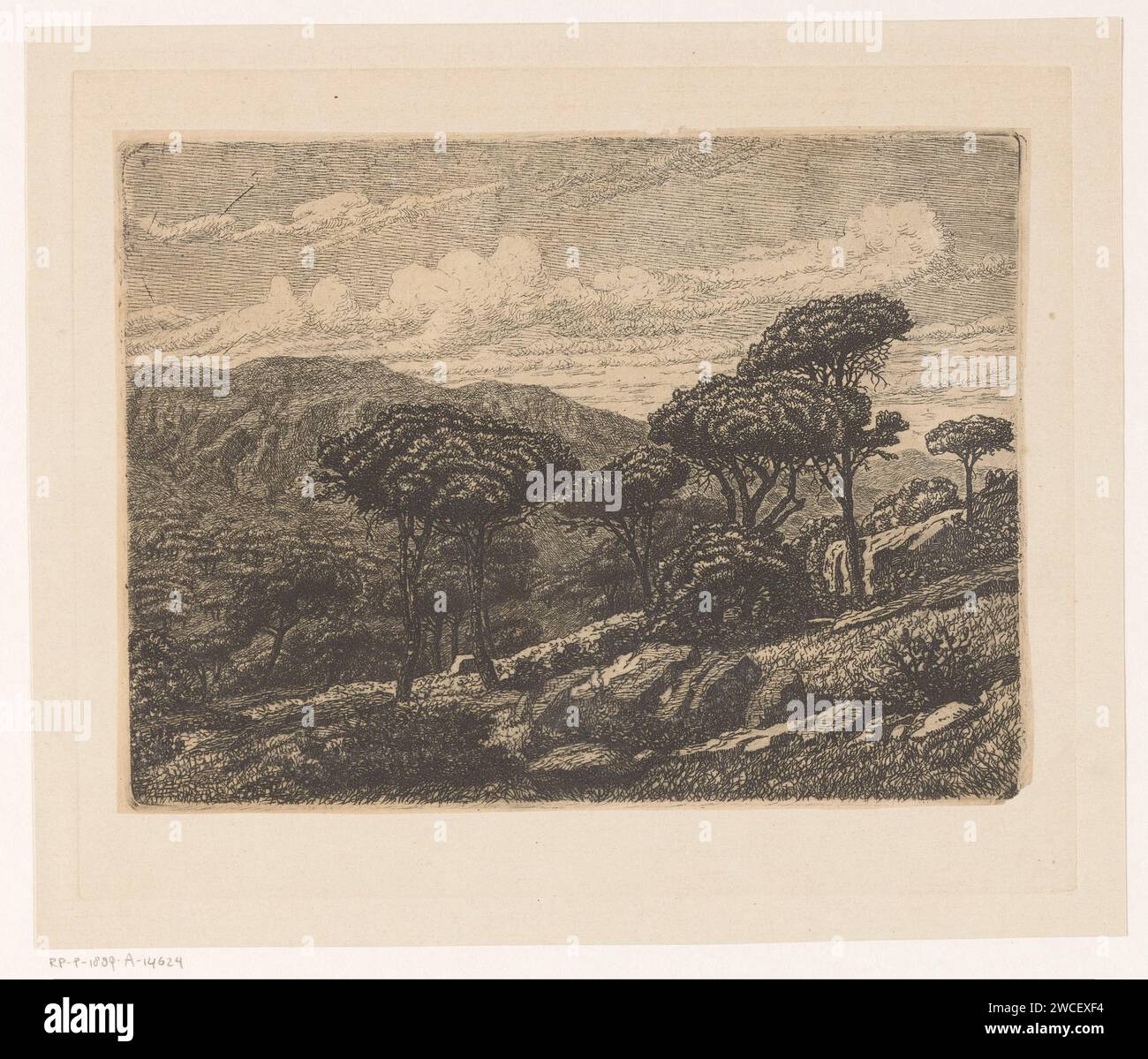 Paysage montagneux avec arbres, Agustín Riancho, 1851 - 1889 imprimer vue d'un paysage montagneux avec de grands arbres au premier plan. Papier espagnol. gravure de paysages. montagnes Banque D'Images