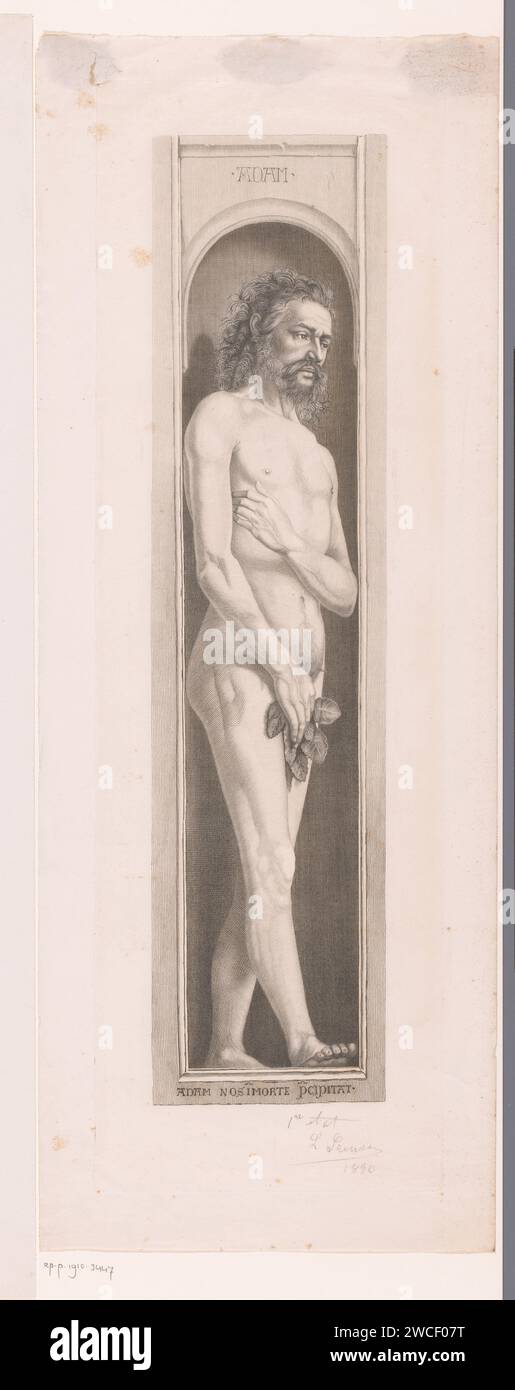 Adam du retable Het Agneau de Dieu, Louis Joseph Greuse, d'après Jan van Eyck, 1890 papier gravure / gravure Adam et Ève découvrent leur nudité ; ils se couvrent de leurs mains ou de feuilles Banque D'Images