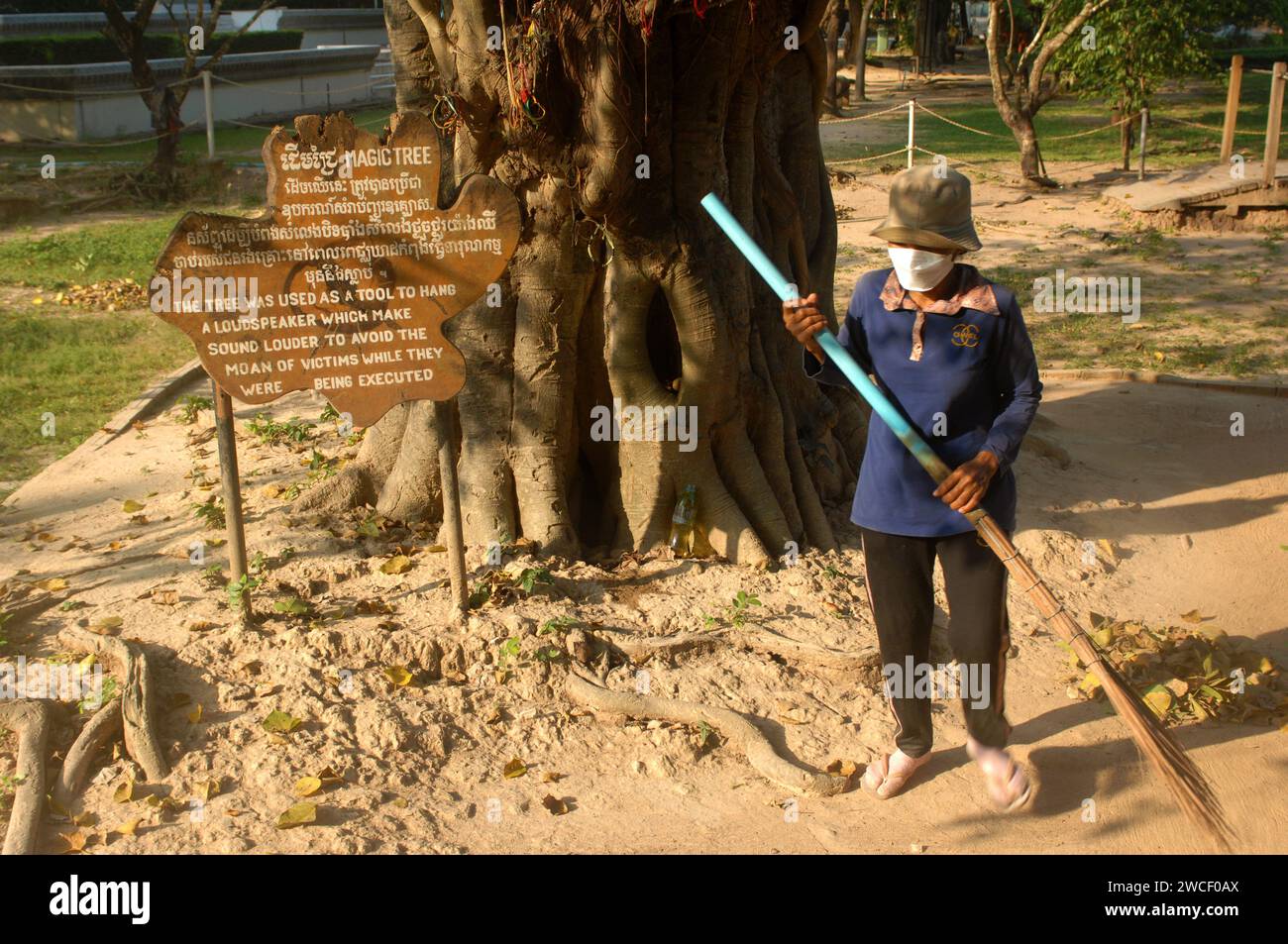 Les dames balayent des feuilles autour d'un arbre tuant dans les champs tuants du Centre génocidaire Choung EK, Phnom Penh, Cambodge. Banque D'Images