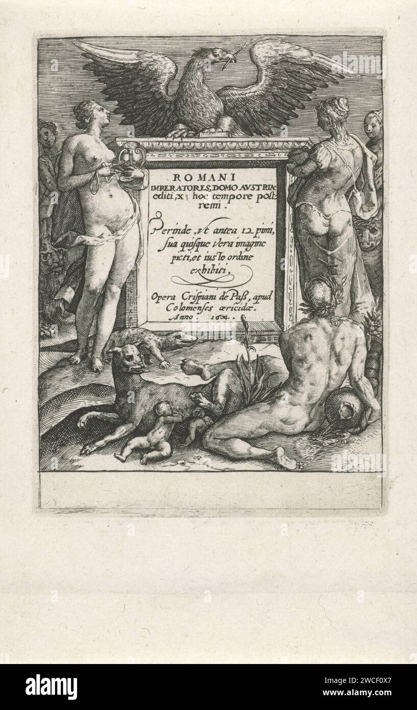 Tirage titre pour une série avec des empereurs allemands à cheval, Crispijn van de passe (I), 1604 estampes autel sur lequel le titre de la série en latin. Il y a un aigle sur l'autel. Il y a des personnifications féminines des quatre continents autour de l'autel. Au premier plan se trouve le Wolvin qui suce les jumeaux Romulus et Remus et le dieu fluvial du Tibre. Tirage de titre pour une série avec des empereurs allemands à cheval. Cologne gravure sur papier Europe représenté allégoriquement ; 'Europa' (Ripa). L'Asie représentait allégoriquement ; 'Asie' (Ripa). L'Afrique représentait allégoriquement ; 'Afrique' (Ripa). America represente Banque D'Images