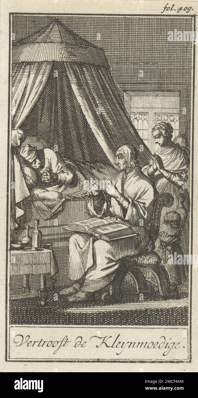 Figures de prière sur le lit d'une personne malade, Jan Luyken, 1693 imprimer Imprimer en haut à droite marqué : fol. 409. Imprimeur : Amsterdampublisher : Rotterdam papier gravure / impression typographique visitant le malade ; malade avec d'autres. une personne priant Banque D'Images
