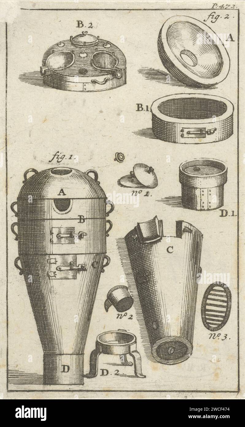 Distillateur et différentes parties de celui-ci individuellement, Jan Luyken, 1693 imprimer Imprimer en haut à droite marqué : fol. 472. Laboratoire de gravure sur papier Amsterdam (+ outils, instruments ; équipement de laboratoire  recherche scientifique) Banque D'Images