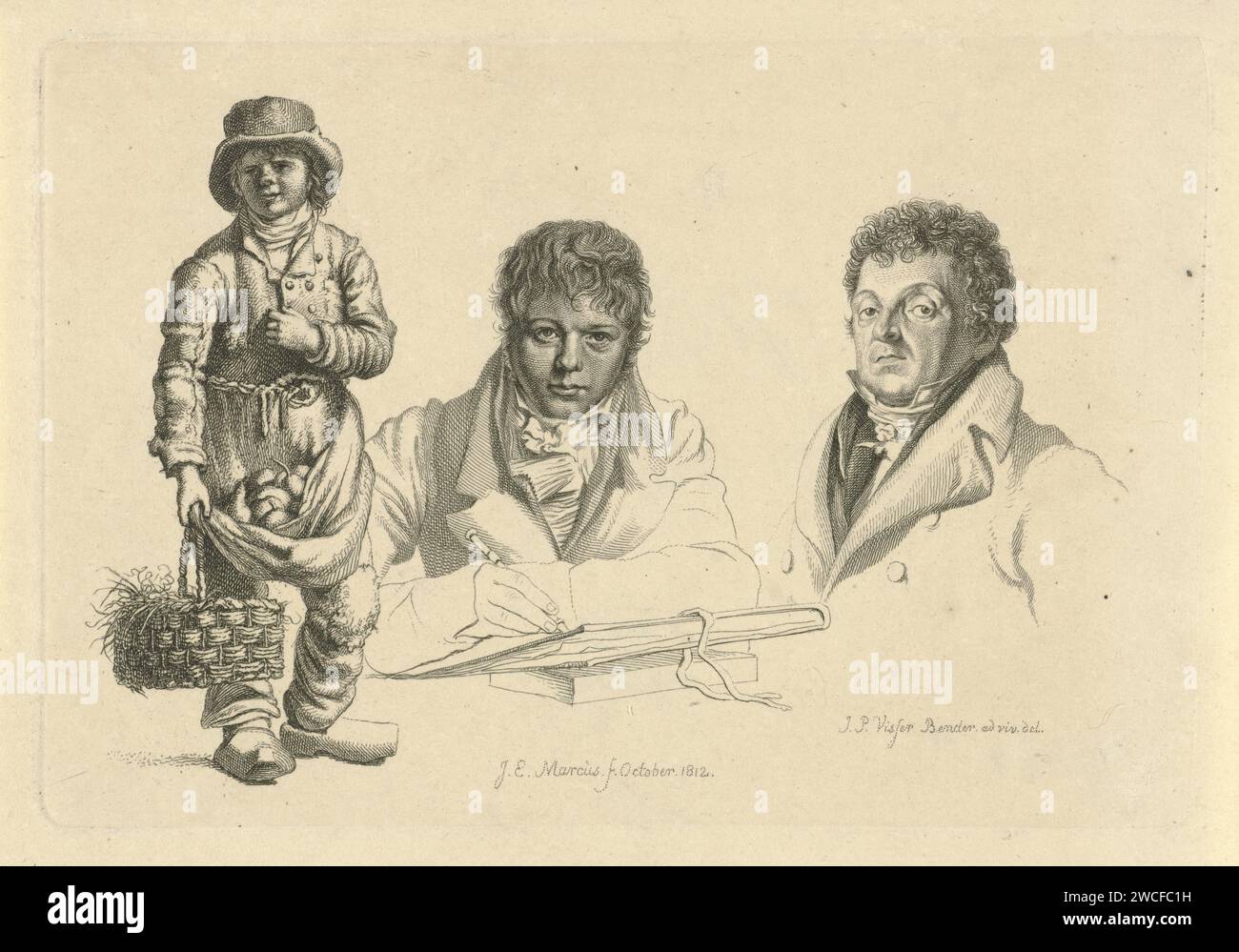 Portraits de J.P. visser Bender et P.Pz. Barbiers à côté d'un garçon, Jacob Ernst Marcus, d'après Joannes Pieter visser Bender, 1812 impression Portraits des artistes Joannes Pieter visser Bender et Pieter Pietersz. Barbiers à côté d'un bras habillé garçon avec un panier à la main et des fruits dans son tablier. Amsterdam papier gravure peinture, dessin et arts graphiques (+ artiste au travail). récipient en matière végétale autre que le bois : panier Banque D'Images