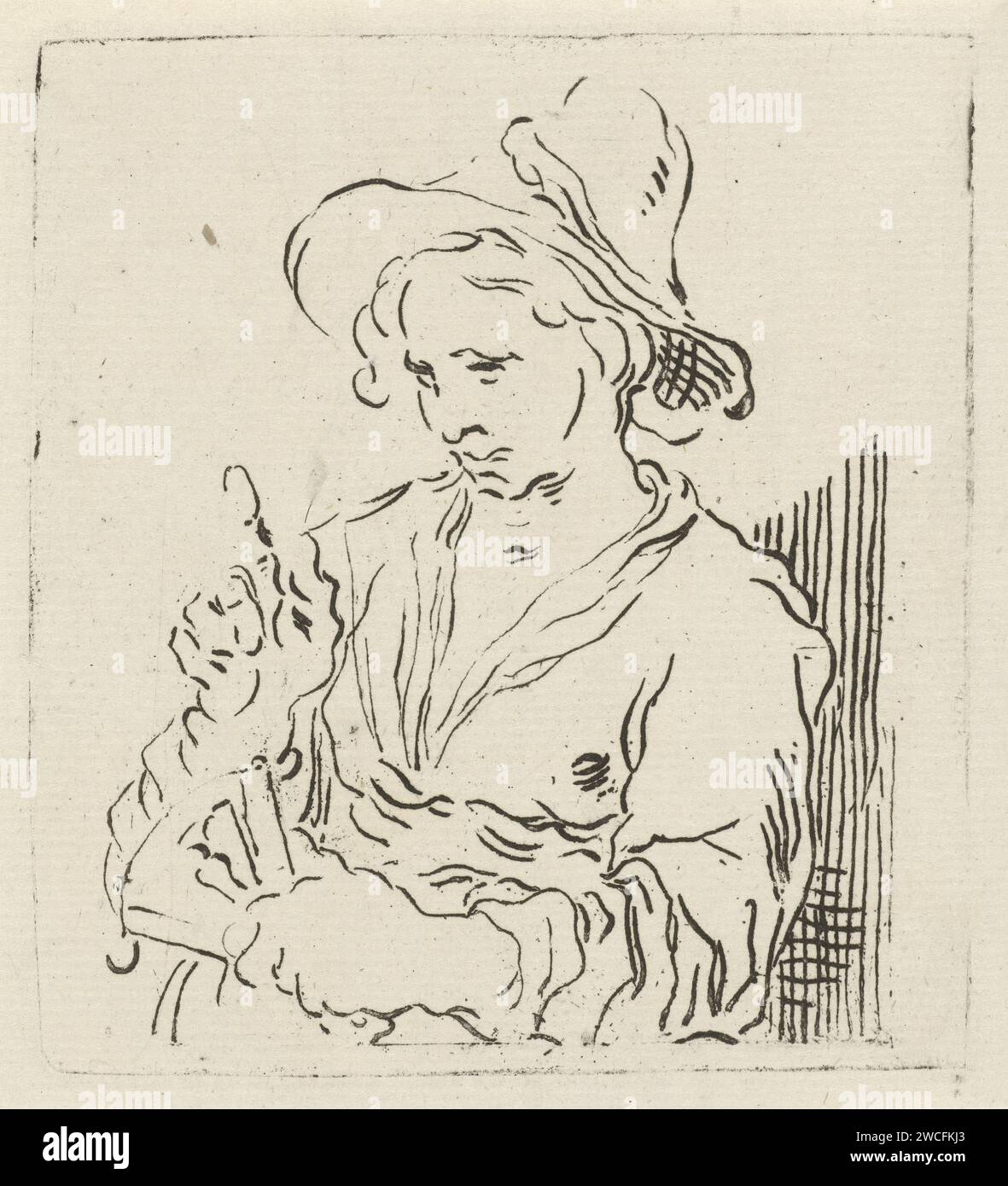 Femme avec éventail, Hermanus Fock, d'après Abraham Bloemaert, 1781 - 1822 imprimer Une femme avec un grand chapeau et un éventail dans sa main gauche. Elle fait un geste avec son index droit. Imprimeur : Amsterdafter dessin par : ventilateur de gravure de papier néerlandais Banque D'Images