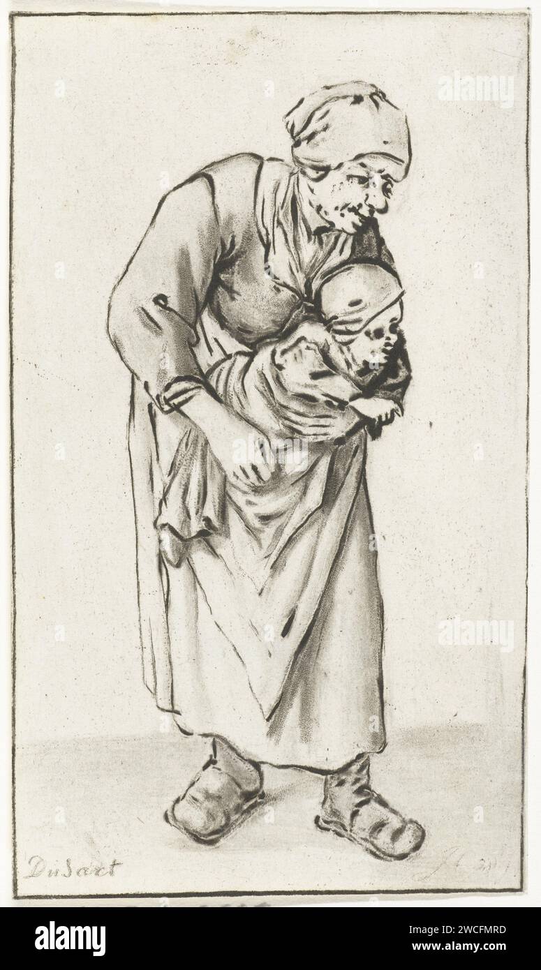 Femme avec enfant, Jurriaan Cootwijck, d'après Cornelis Dusart, 1724 - 1798 imprimer une vieille dame. Elle porte un bébé dans ses bras. Imprimeur : Amsterdafter dessin par : Haarlem papier mère et enfant(s), femme et enfant(s) (groupe familial) Banque D'Images