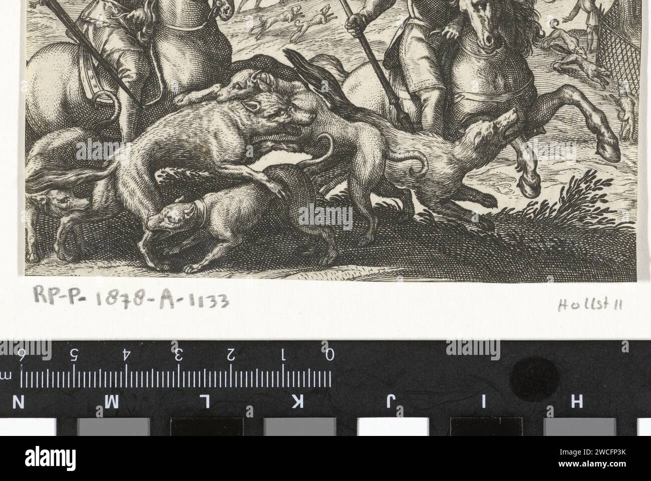 Wolvenjacht, Egbert Jansz., d'après Antonio Tempesta, 1598 impression paysage vallonné avec deux cavaliers et trois chiens au premier plan sur deux loups. En arrière-plan divers chasseurs sur la chasse au loup. Imprimer à partir d'une série avec des scènes de chasse. Sud des pays-Bas gravure papier chasse  animaux prédateurs (renard, lion) Banque D'Images