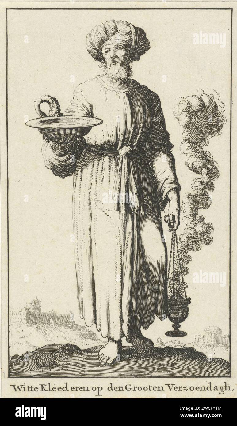 Grand prêtre en vêtements liturgiques blancs appartenant à la grande journée de réconciliation (variante A), Jan Luyken, 1682 print Amsterdam paper gravure grand prêtre  hiérarchie des prêtres. 'Yom Kippour', jour des Expiations Banque D'Images