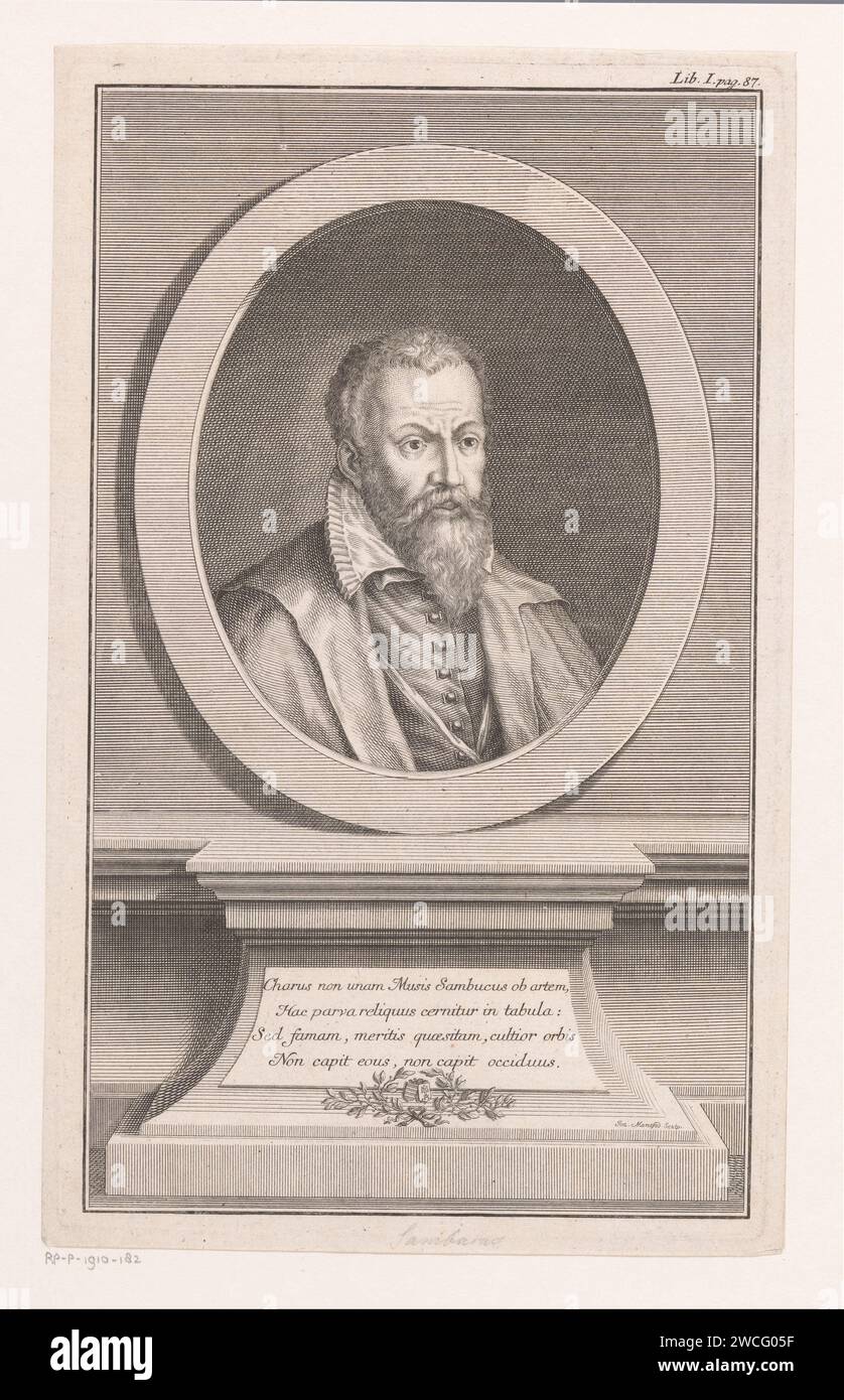 Portrait van Johannes Sambucus, Johann Ernst Mansfeld, 1749 - 1796 print Lib. I, p. 87. gravure de papier / gravure de personnes historiques Banque D'Images