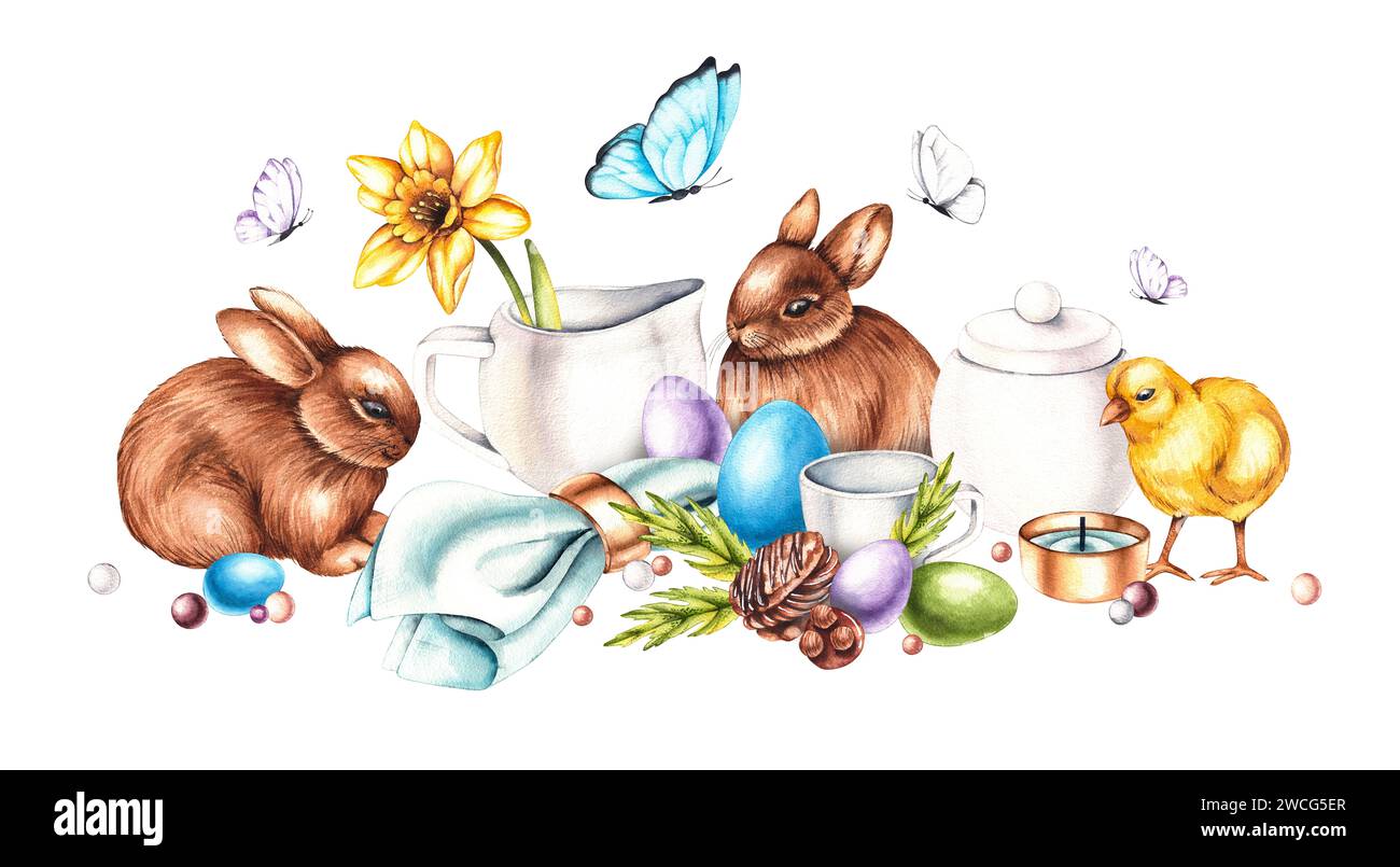 Composition aquarelle de Pâques avec service à thé, lapins de Pâques et œufs. Aquarelle nature morte d'éléments dessinés à la main isolés sur blanc pour la conception de Banque D'Images
