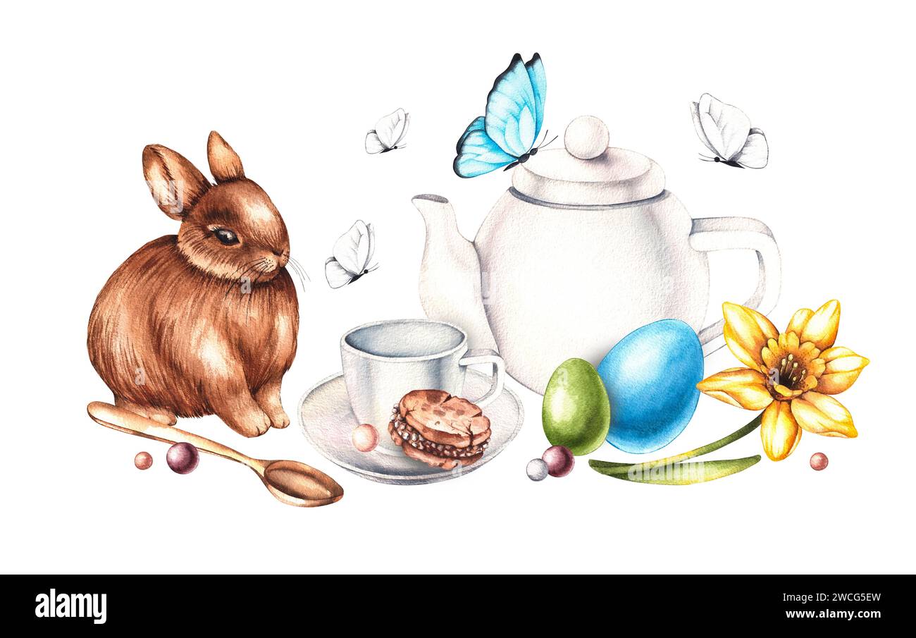 Composition aquarelle de Pâques avec service à thé, lapin de Pâques et œufs. Aquarelle nature morte d'éléments dessinés à la main isolés sur blanc pour la conception de ca Banque D'Images