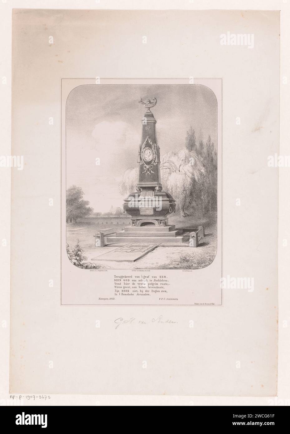 Grafhard Heinrich van Senden in Zwolle, Antoine Franciscus Cornelis Hoffmann, d'après Wilhelmus Cornelis Chimaer van Oudendorp, en 1854 ou avant 1859 l'impression sur la tombe est un obélisque avec un portrait dans un médaillon dessus. Une lampe à huile brûlante sur le dessus de l'obélisque. Sous l'image un poème de six lignes de F. F. C. Steinmetz. Imprimeur : Netherlandsafter design by : Netherlandsprinter : Zwollepublisher : Zwolle paper. tombe, tombe. obélisque, aiguille. lampe à huile (+ allumer une lumière ; allumé, lumière allumée, lampe, bougie) Banque D'Images