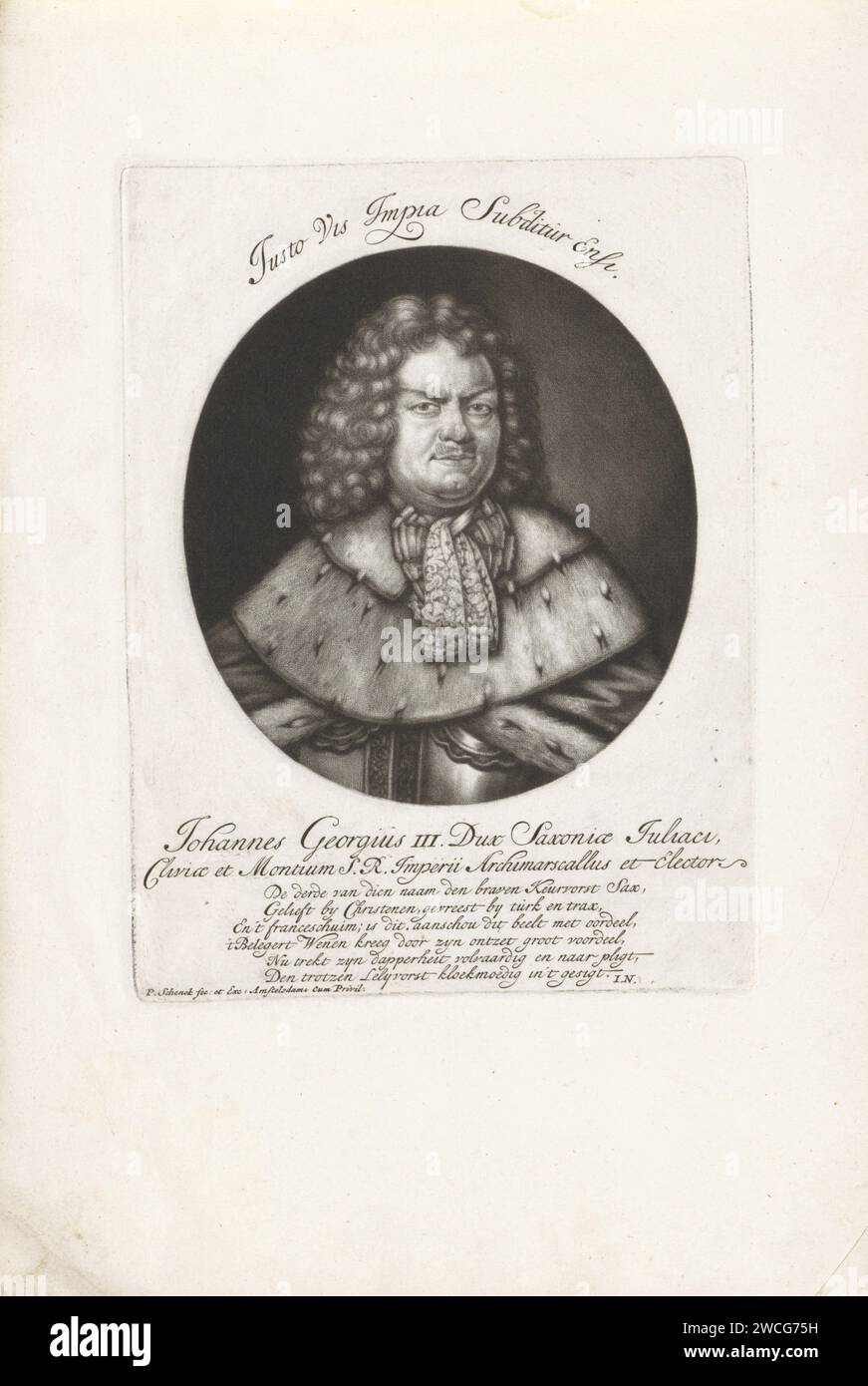 Portrait de Johan Georg III van Saksen, Pieter Schenk (I), 1690 - 1713 estampe Johan Georg III, électeur de Saxe. Il porte un harnais avec un col en dentelle. Harnais en papier Amsterdam Banque D'Images