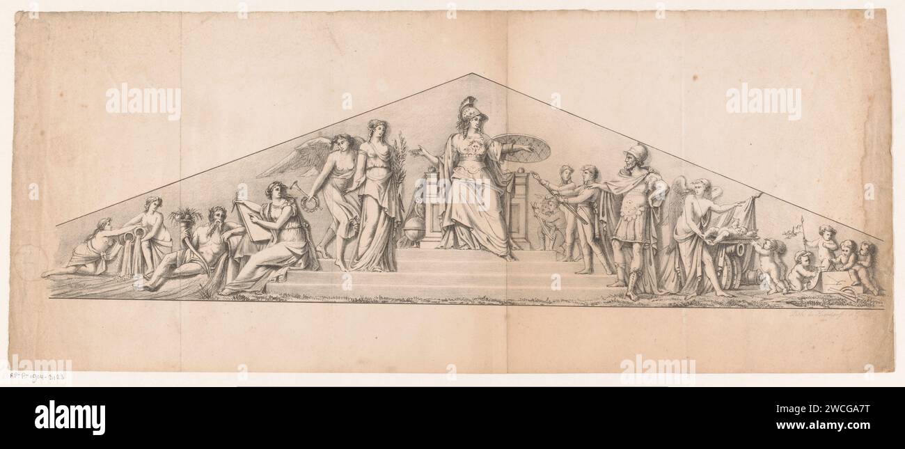 Timpaan avec Throunded Minverva, Jean Matthieu Kierdorff, 1813 - 1882 impression à gauche et à droite de Minerva stand et assis figures. Les figures de gauche représentent la paix menée par Vénus avec des branches de palmier dans ses bras. Par exemple, il y a un dieu de rivière avec une corne d'abondance et une déesse représente les arts À gauche du trône se trouve un hibou, symbole de la sagesse de Minerve. Les chiffres à sa droite représentent la guerre. On lui offre des armes de soldats sous la direction de Mars. Papier de Gand triomphe de Minerva ; 'Carro di Minerva' (Ripa). guerre et paix. aspects spécifiques, aspects allégoriques de Banque D'Images