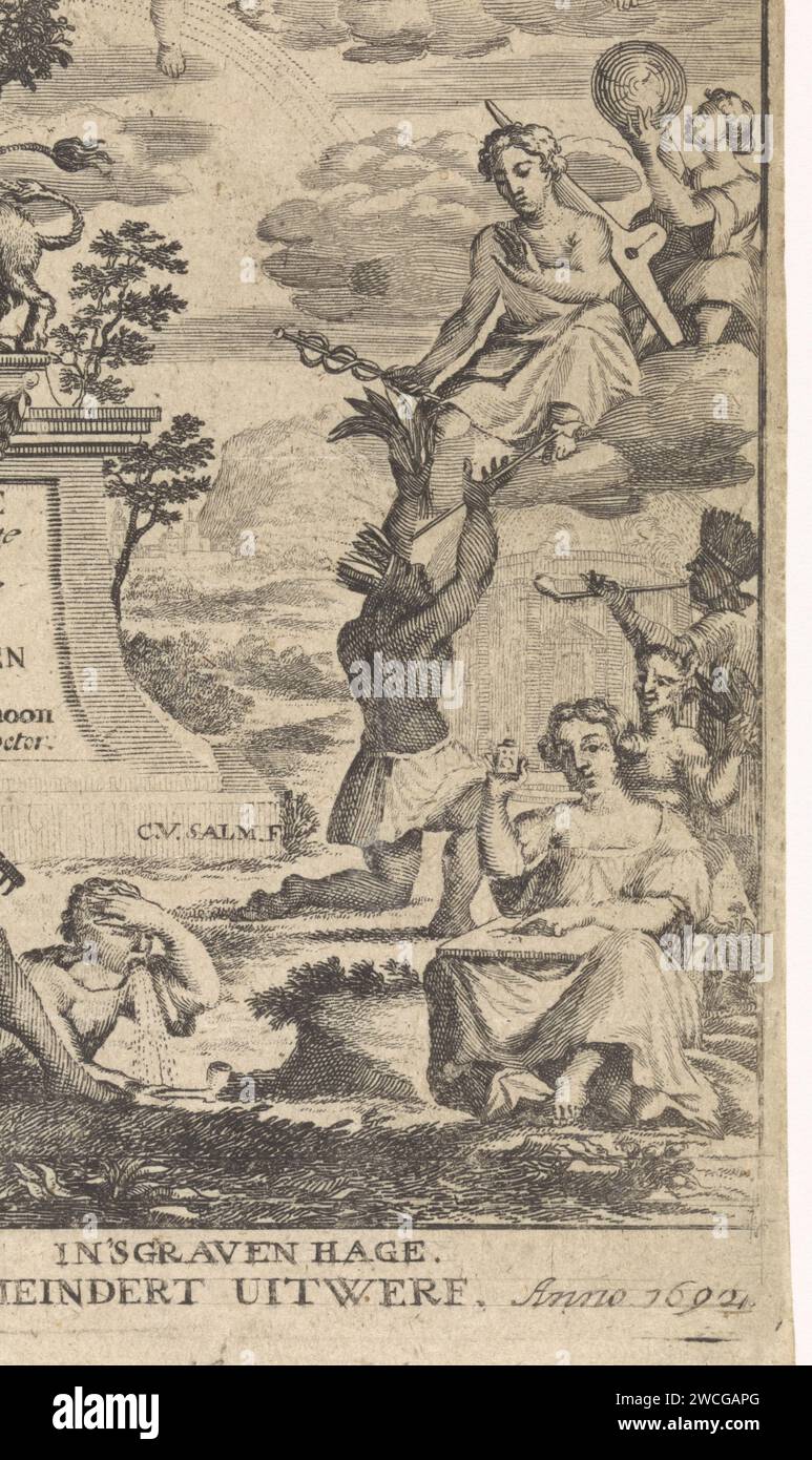 Allégorie de la botanique, Anthony van Zijlvelt, d'après C. van Salm, 1692 impression de la Vierge néerlandaise, avec couronne murale sur la tête et clé à la main, sur une étable piercing. Trois putti sur les nuages. À droite, deux habitants originaux de l'Amérique offrent du tabac et des produits à fumer à Mercure, qui est assis sur un nuage. Page de titre d'un livre sur les plantes et le tabac. Imprimeur : Amsterdampublisher : la Haye gravure sur papier / gravure (histoire de) Mercure (Hermès). personnifications de pays, nations, états, districts, etc. Peuples autochtones des Amériques. tabac Banque D'Images