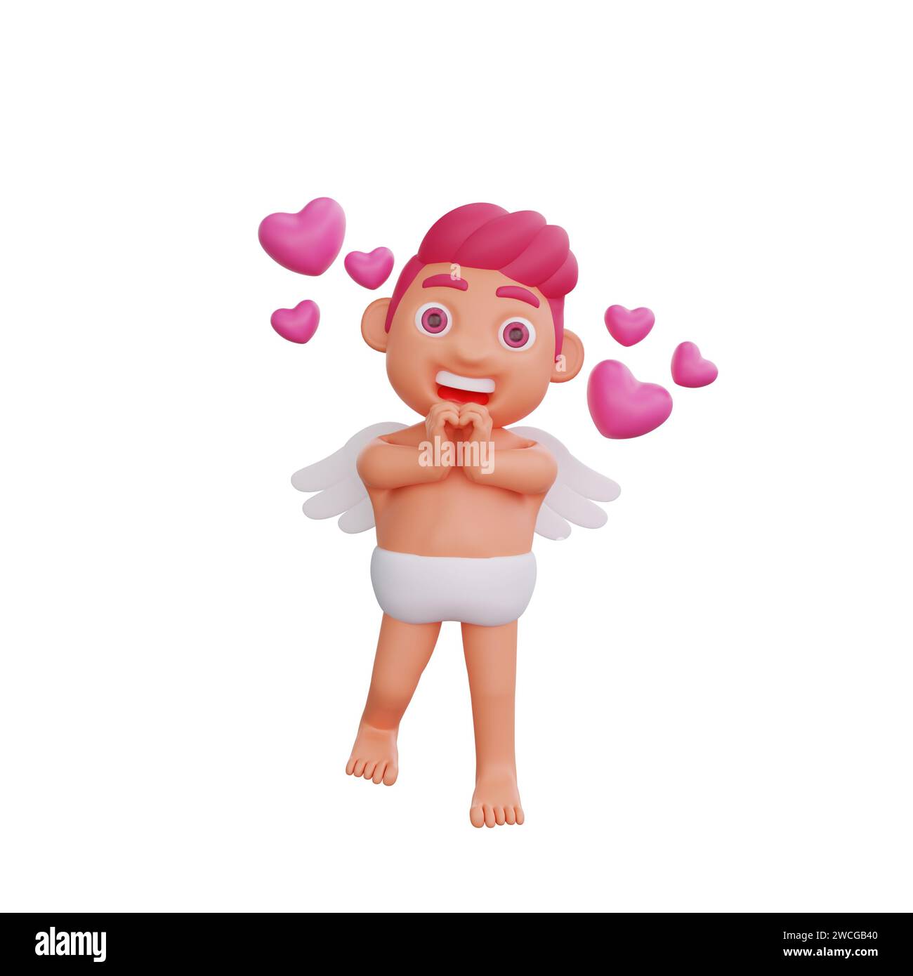 Illustration 3D du personnage Valentine Cupidon rayonnant de joie et entouré de coeurs flottants, parfait pour la Saint-Valentin ou les projets à thème de l'amour Banque D'Images