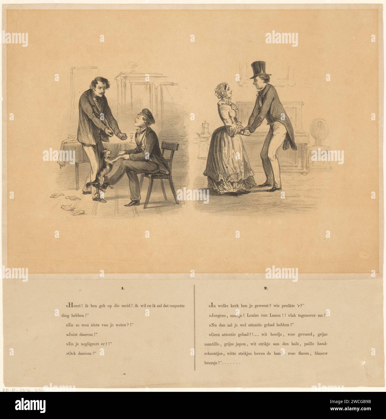 Hommes et mère et fils en conversation, Alexander Ver Huell, 1832 - 1897 imprimer deux représentations. À gauche, un homme aux poings serrés en conversation avec un homme assis qui joue avec un chien. À droite, une conversation entre mère et fils, ils se tiennent les mains l'un de l'autre. papier typographie impression conversation, dialogue ; pièce de conversation. mère et fils (groupe familial) Banque D'Images