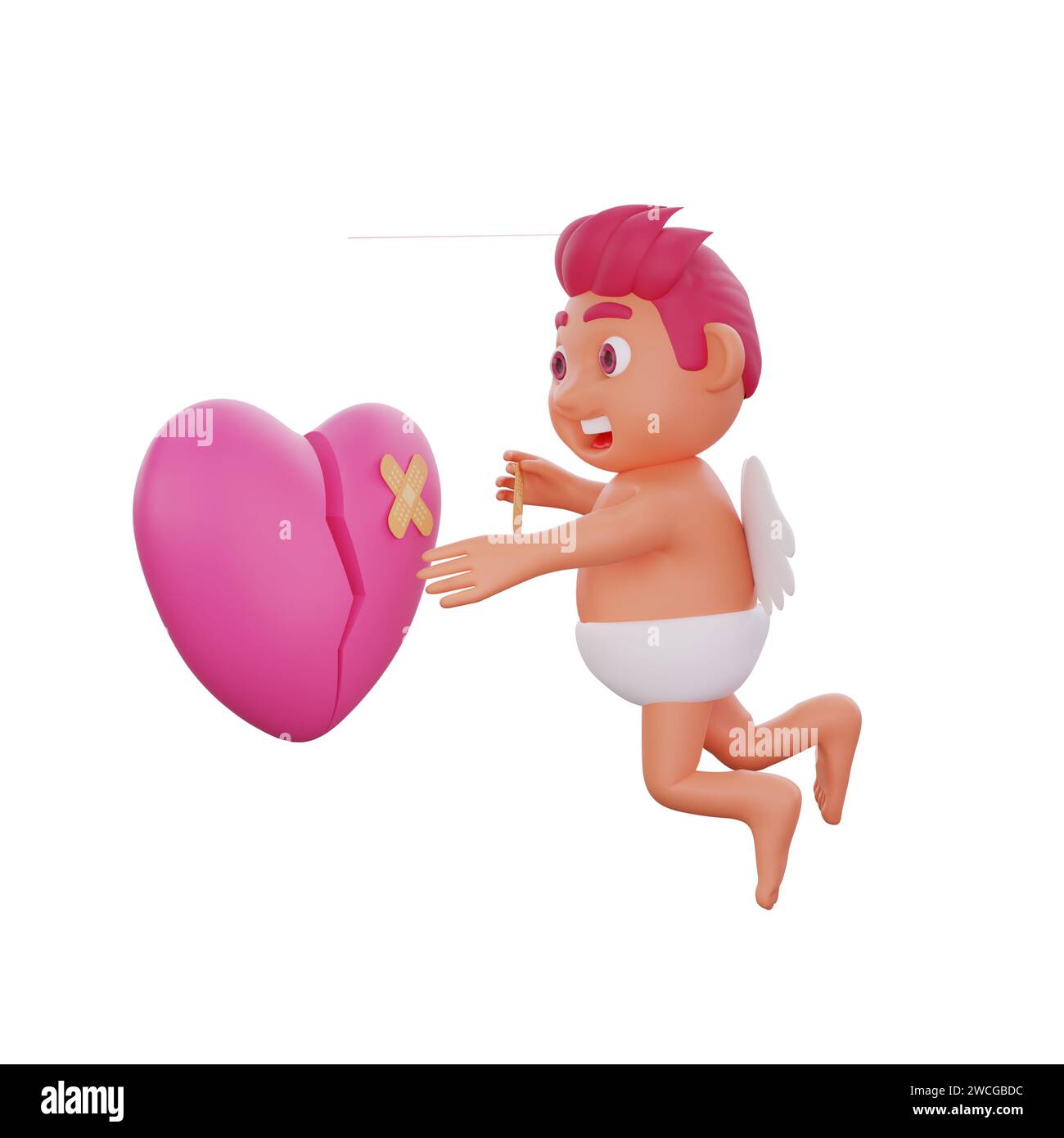 Illustration 3D du personnage Valentine Cupidon volant et fixant un cœur brisé avec un bandage, parfait pour les projets à thème Valentine ou amour Banque D'Images