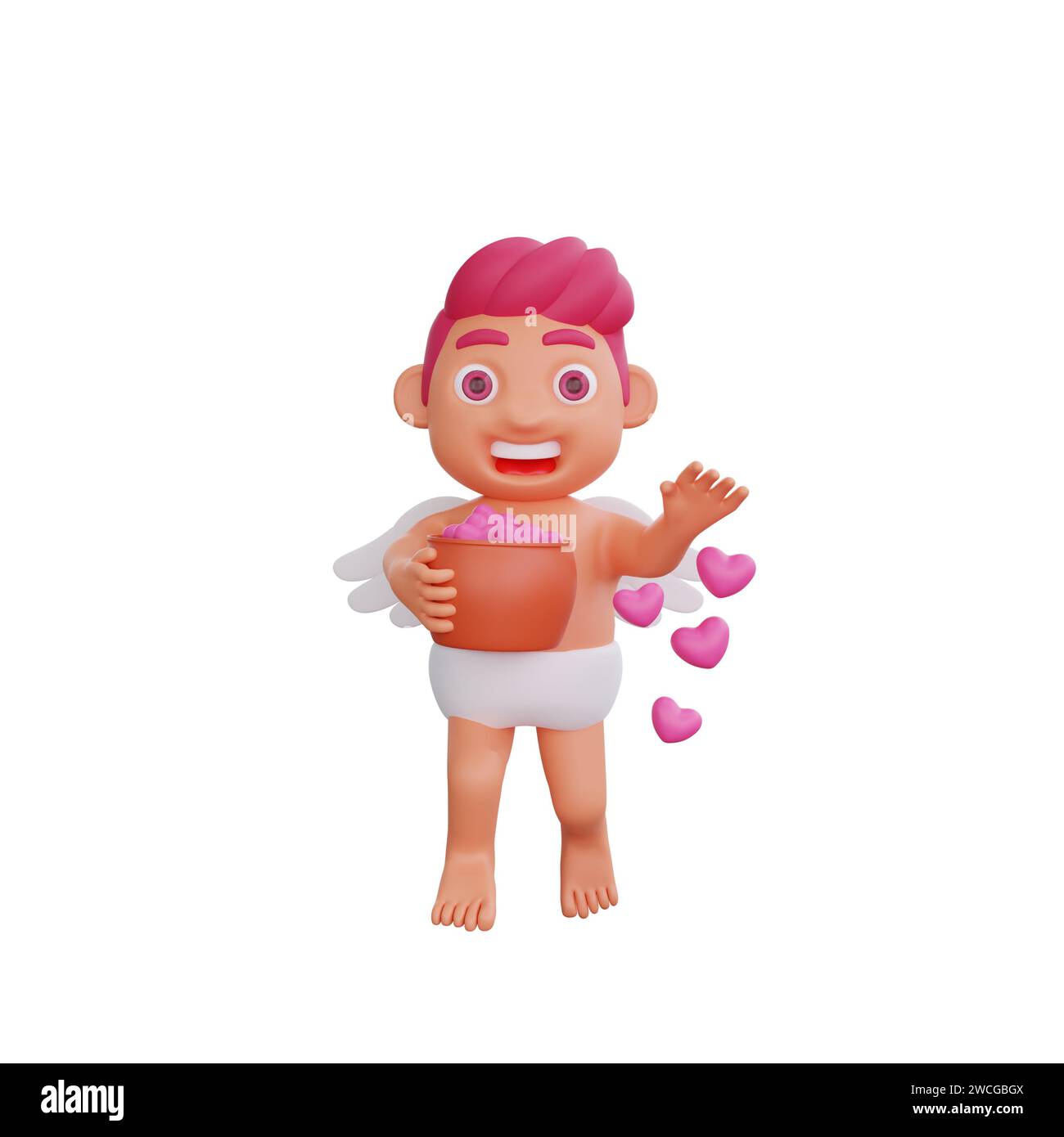 Illustration 3D du personnage Valentine Cupidon partage joyeusement les cœurs d'un pot, parfait pour la Saint-Valentin ou les projets à thème d'amour Banque D'Images